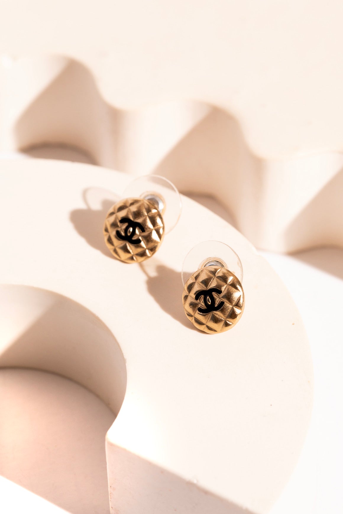 2018 CHANEL Gold Quilted Round CC Emblem Studs