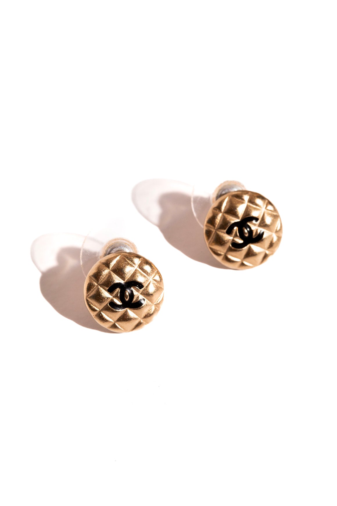 2018 CHANEL Gold Quilted Round CC Emblem Studs