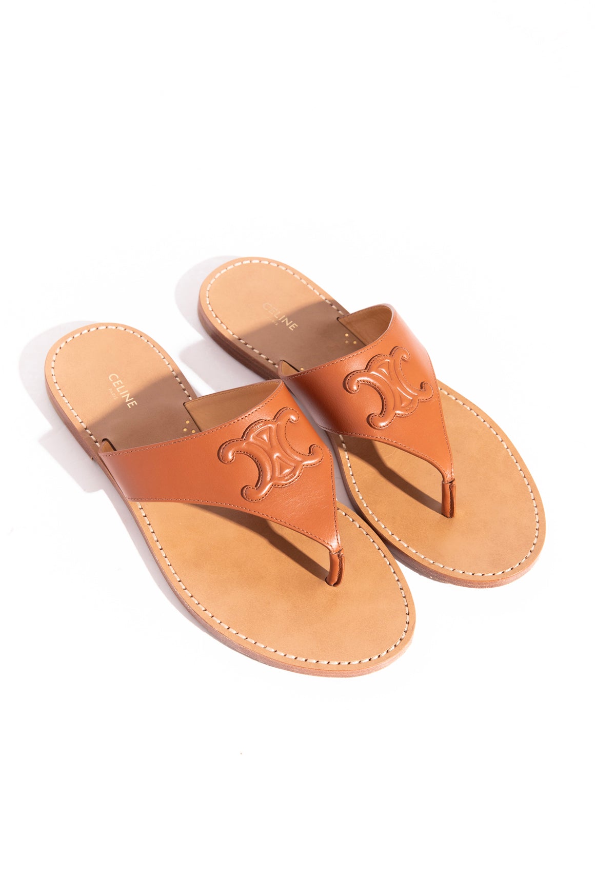 CELINE Tan Leather Triomphe Thong Sandals (Sz. 40)