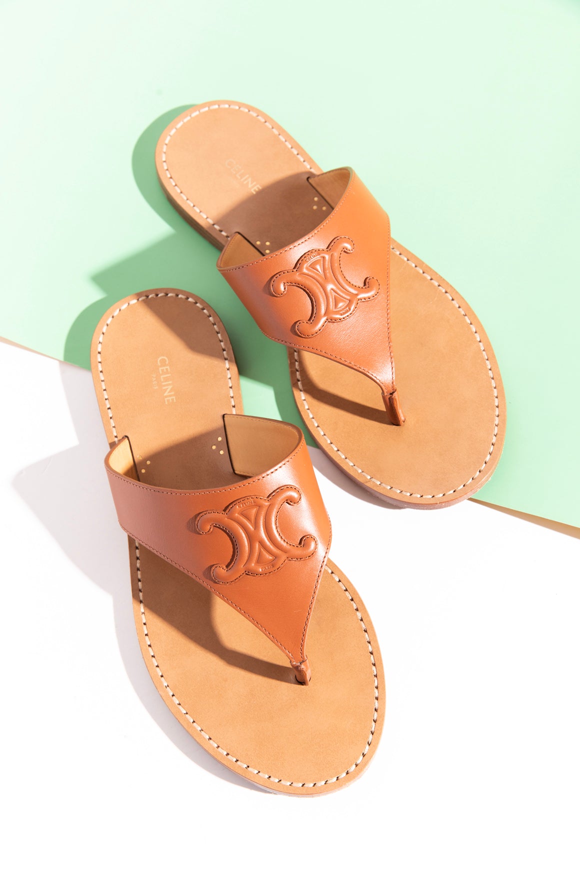 CELINE Tan Leather Triomphe Thong Sandals (Sz. 40)
