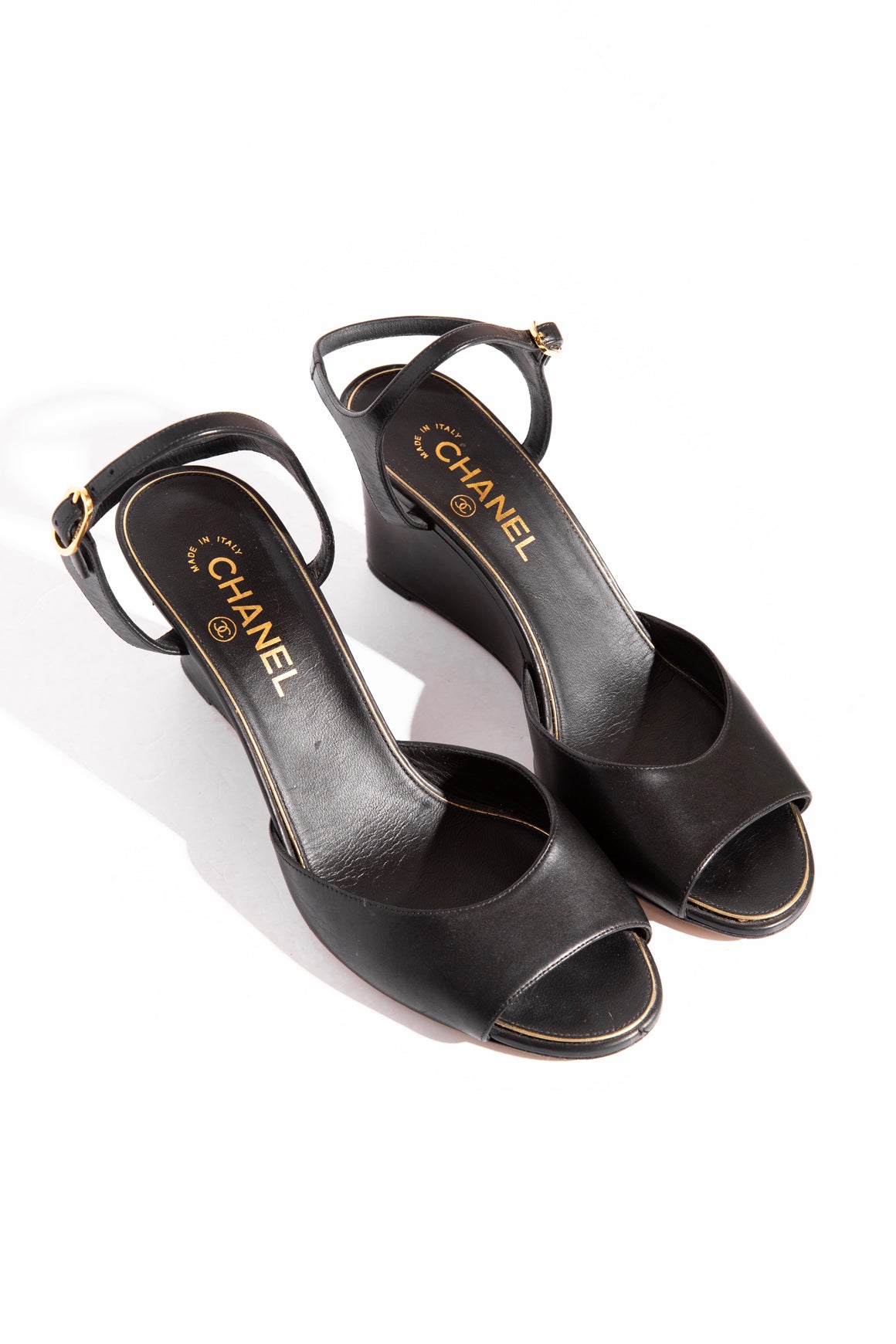 CHANEL Black Pearl Detail Wedge Sandals (Sz. 40.5)