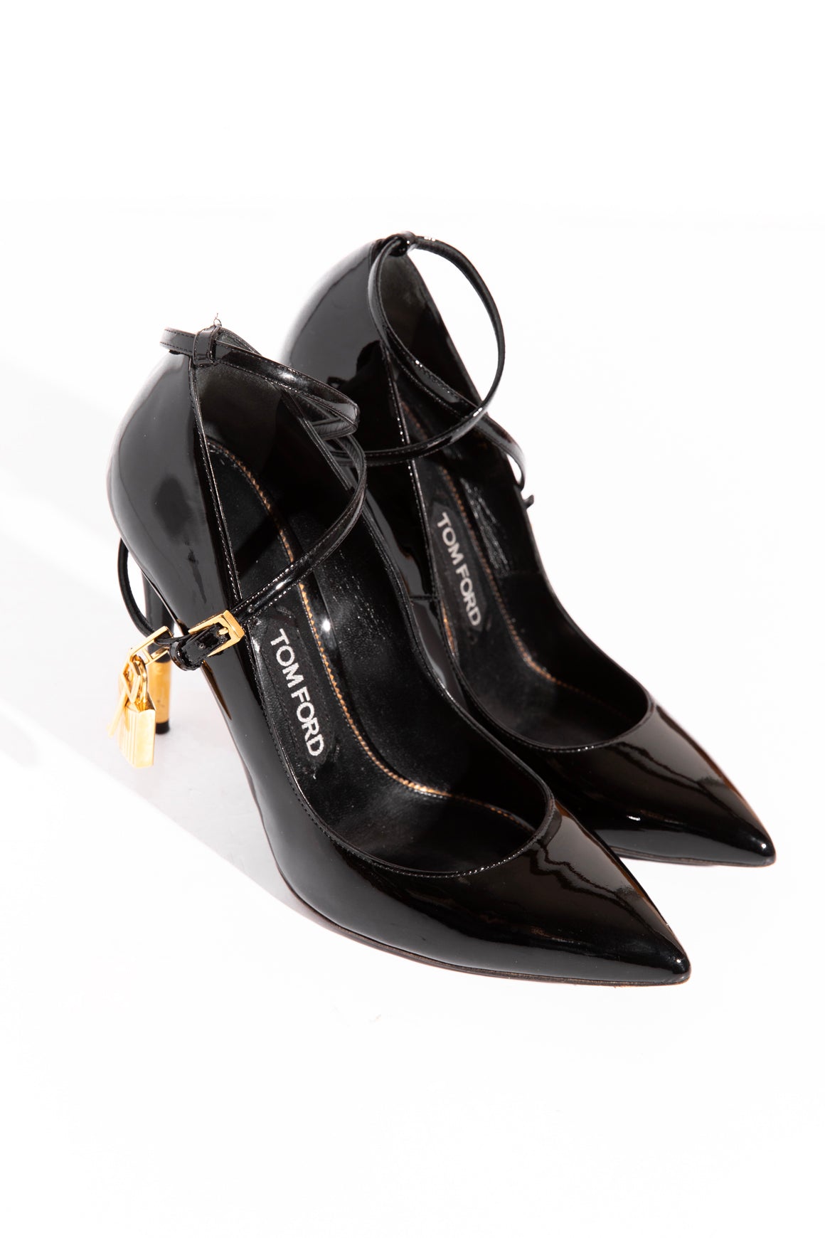 TOM FORD Black Patent Gold Ankle Lock Pumps (Sz. 38)