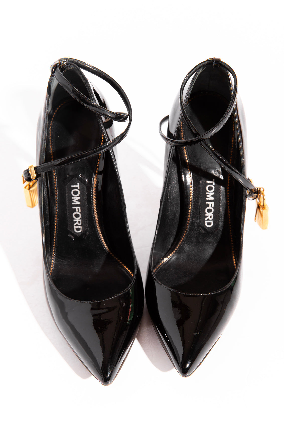 TOM FORD Black Patent Gold Ankle Lock Pumps (Sz. 38)
