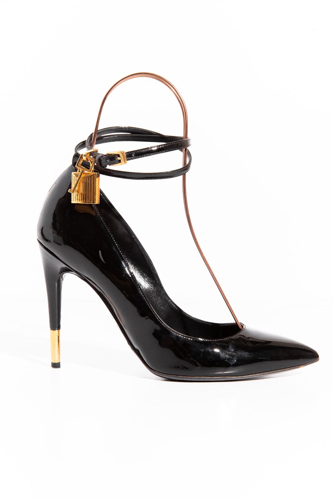 TOM FORD Black Patent Gold Ankle Lock Pumps (Sz. 38)