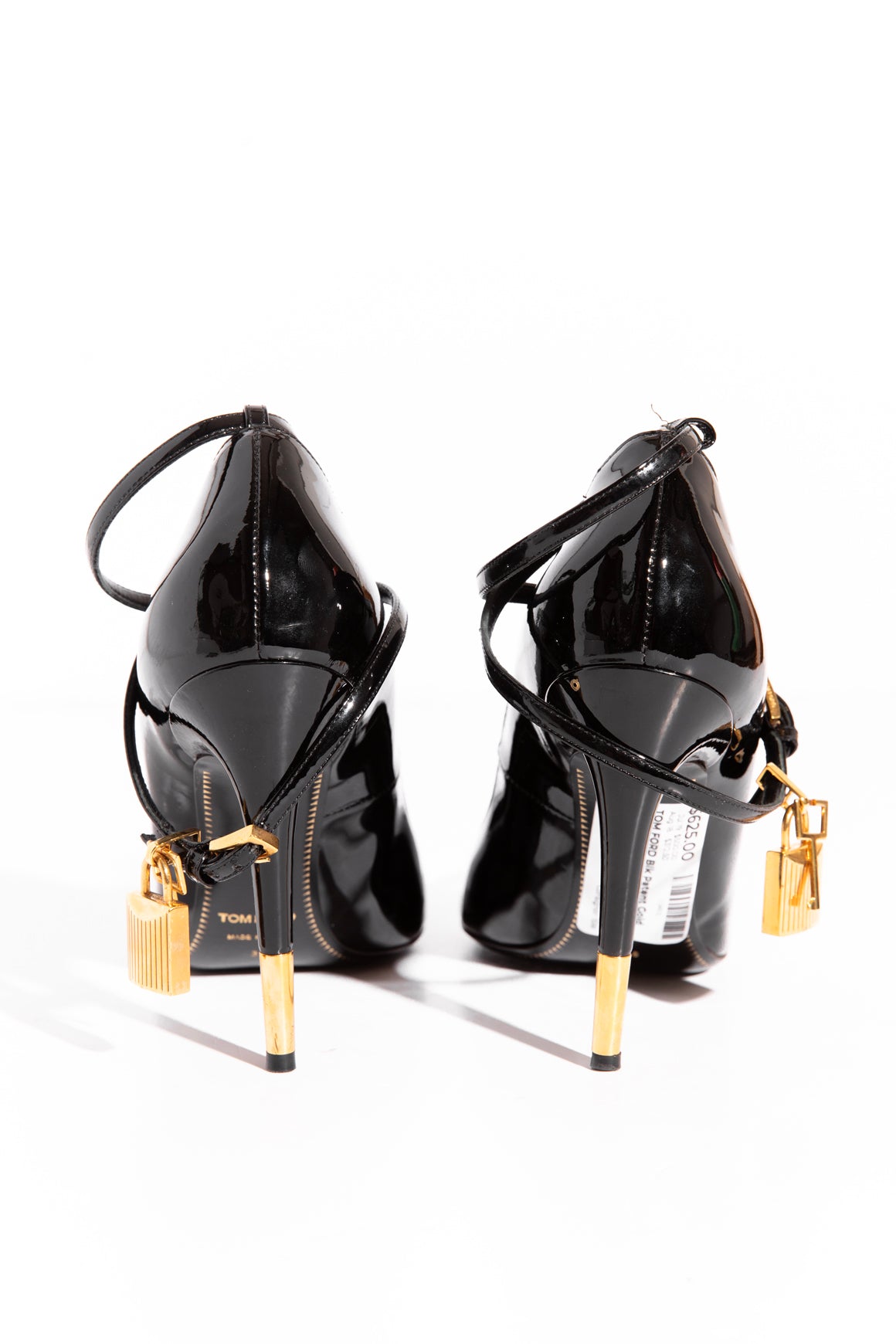TOM FORD Black Patent Gold Ankle Lock Pumps (Sz. 38)