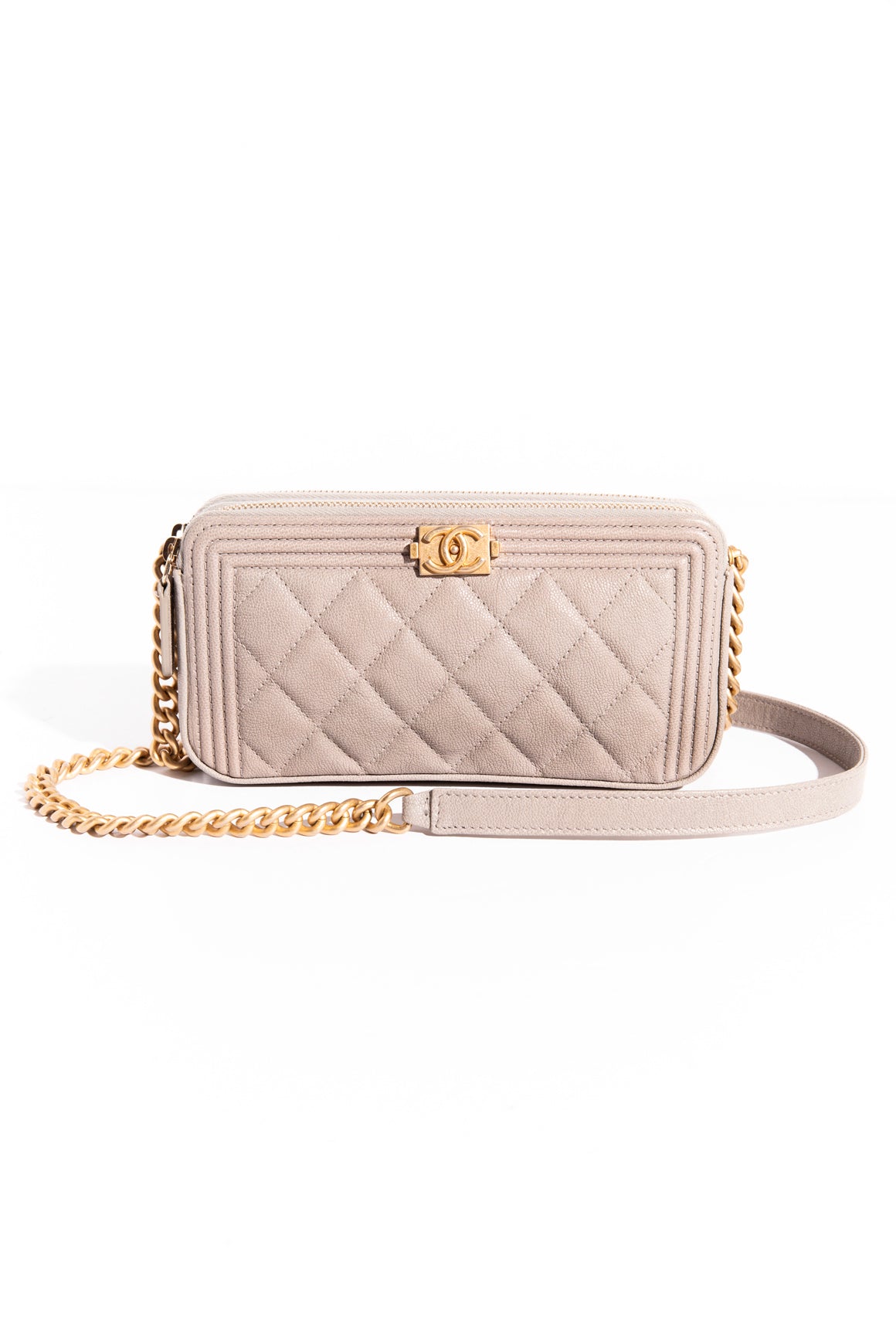 2019 CHANEL Taupe Caviar Double Zip Boy Wallet on Chain