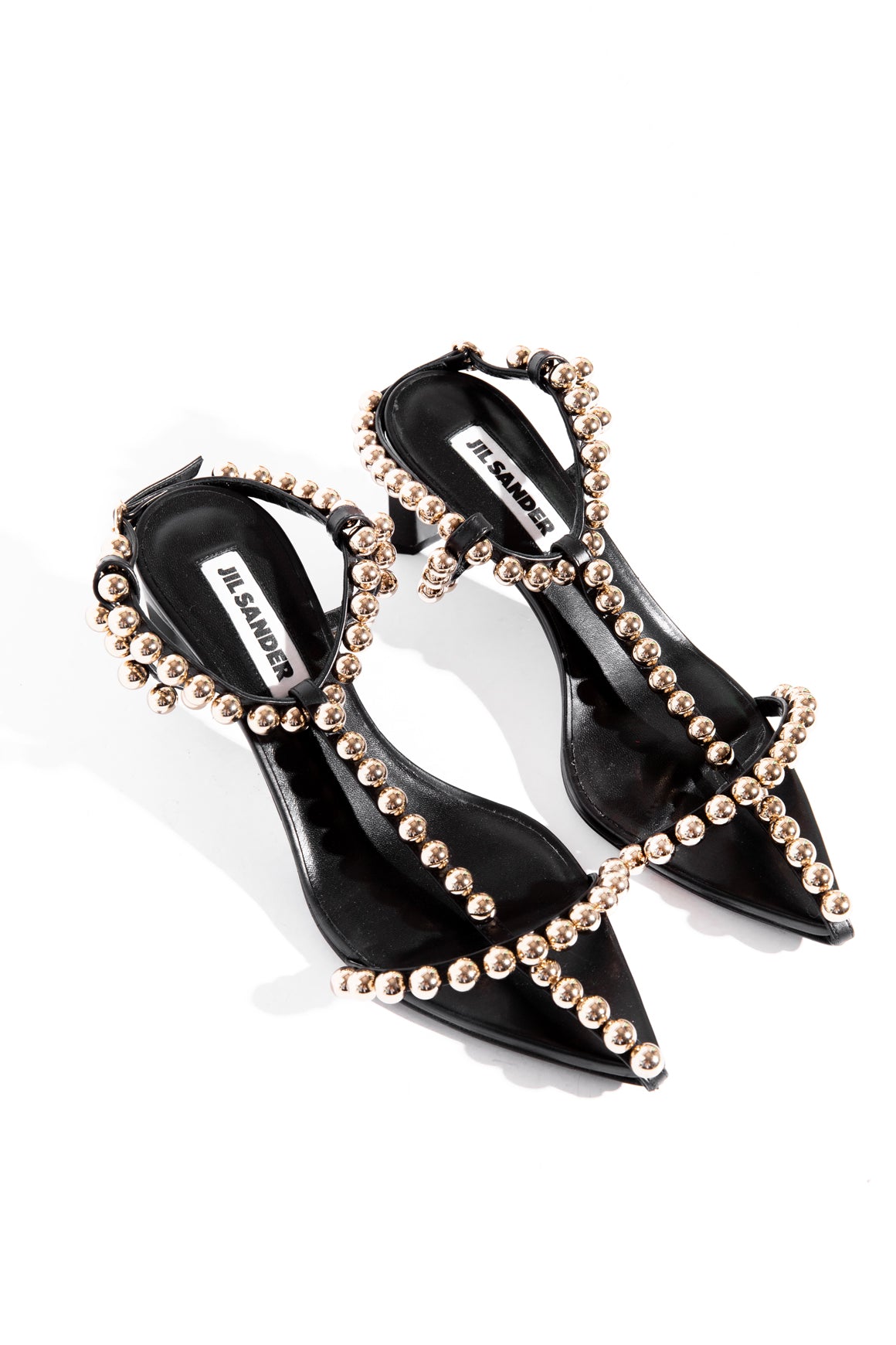 JIL SANDER Black Gold Pearl Embroidered Caged Kitten Heels (Sz. 37)