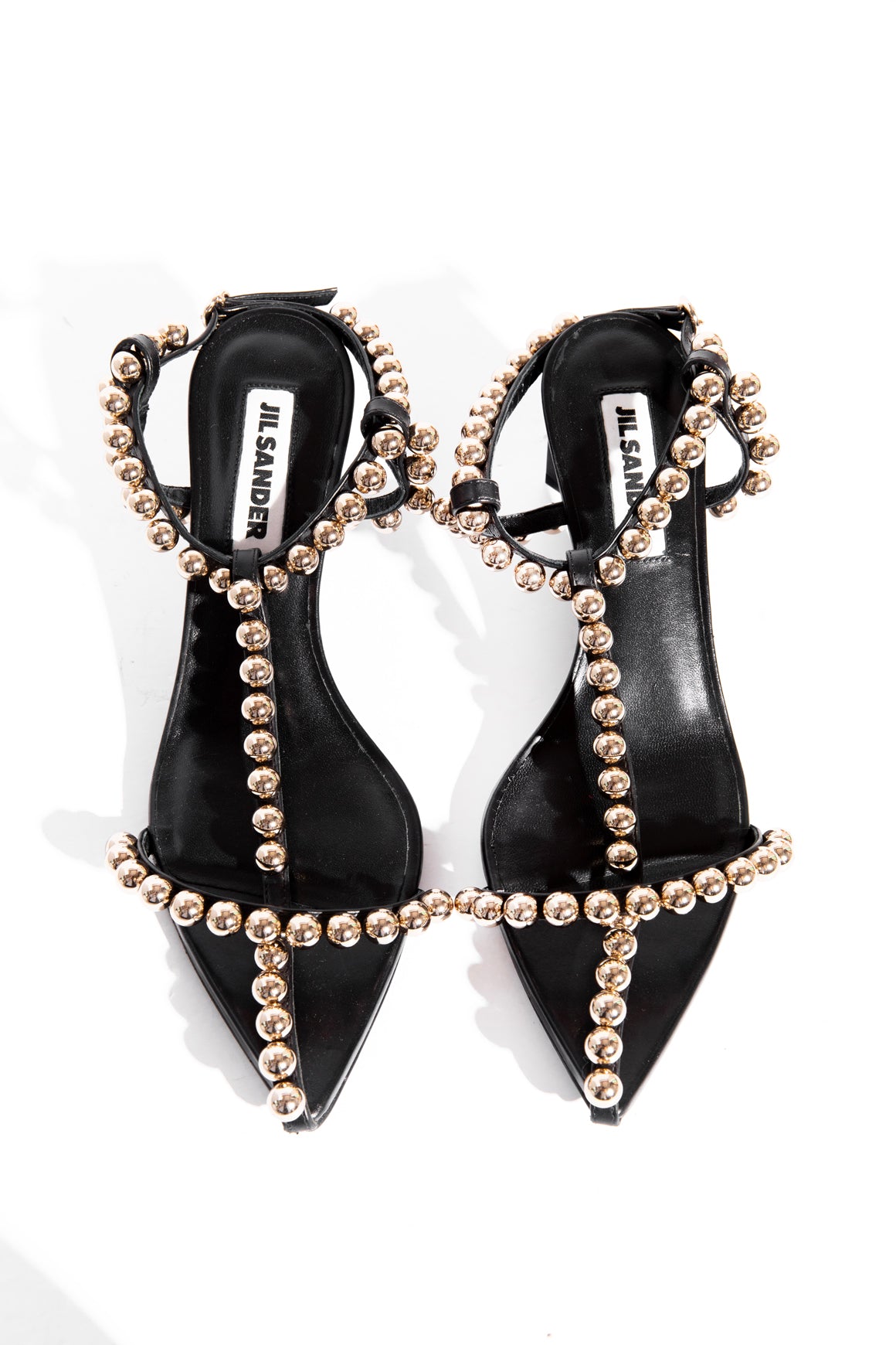 JIL SANDER Black Gold Pearl Embroidered Caged Kitten Heels (Sz. 37)