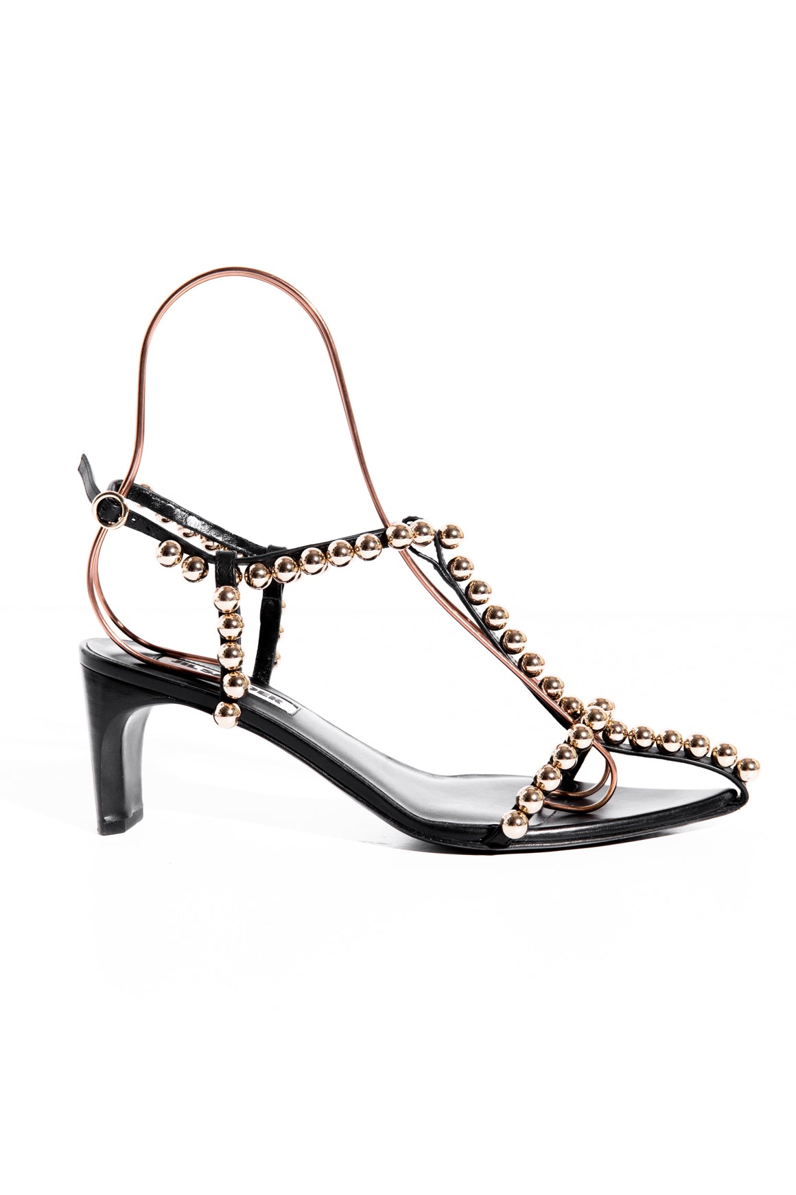JIL SANDER Black Gold Pearl Embroidered Caged Kitten Heels (Sz. 37)
