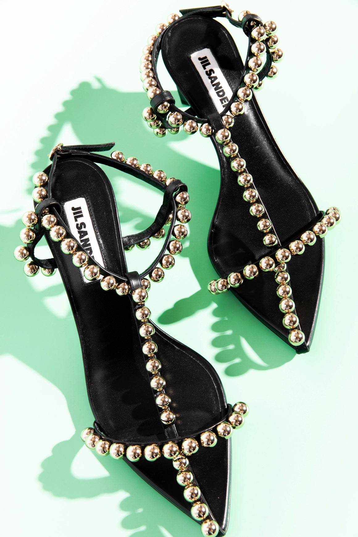 JIL SANDER Black Gold Pearl Embroidered Caged Kitten Heels (Sz. 37)