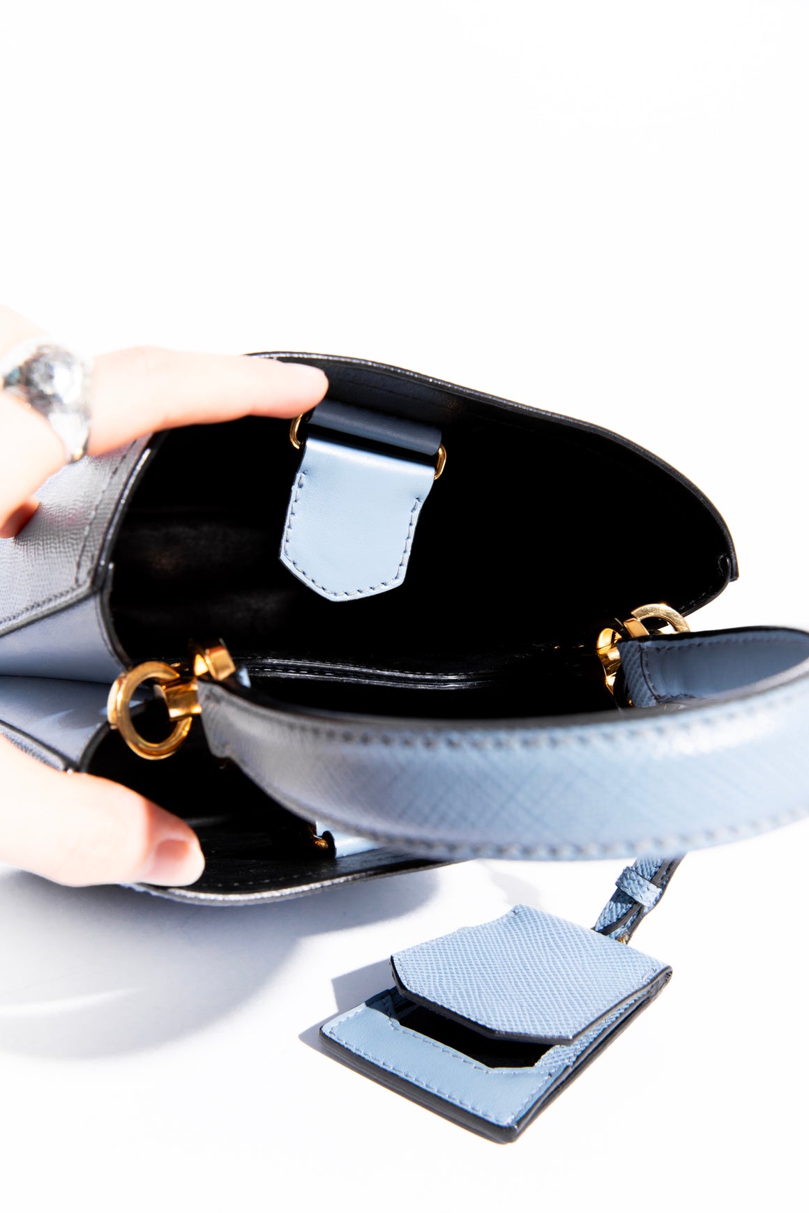 PRADA Blue "Panier" Saffiano Leather Mini Bag With Cardholder