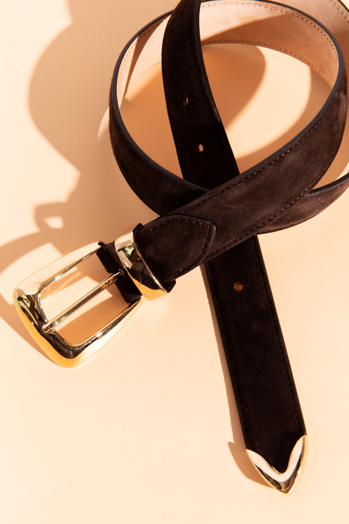 KHAITE Brown Suede Gold Buckle "Benny" Belt (Sz. 85)