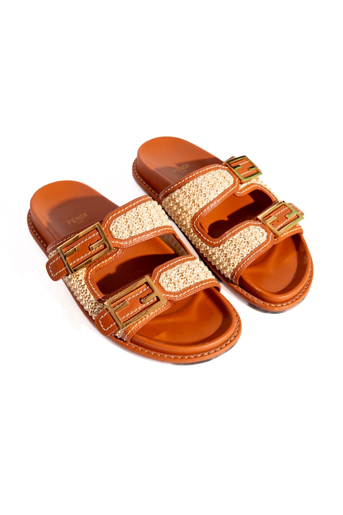 FENDI Tan Leather & Raffia Sandals (Sz. 37.5)