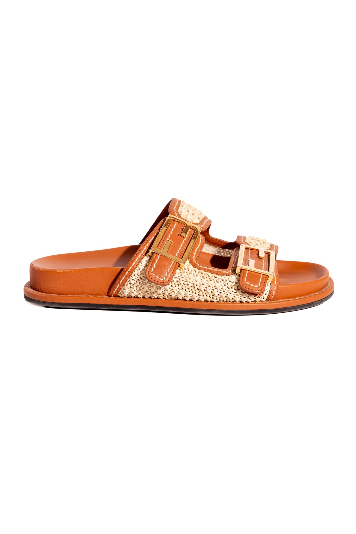 FENDI Tan Leather & Raffia Sandals (Sz. 37.5)