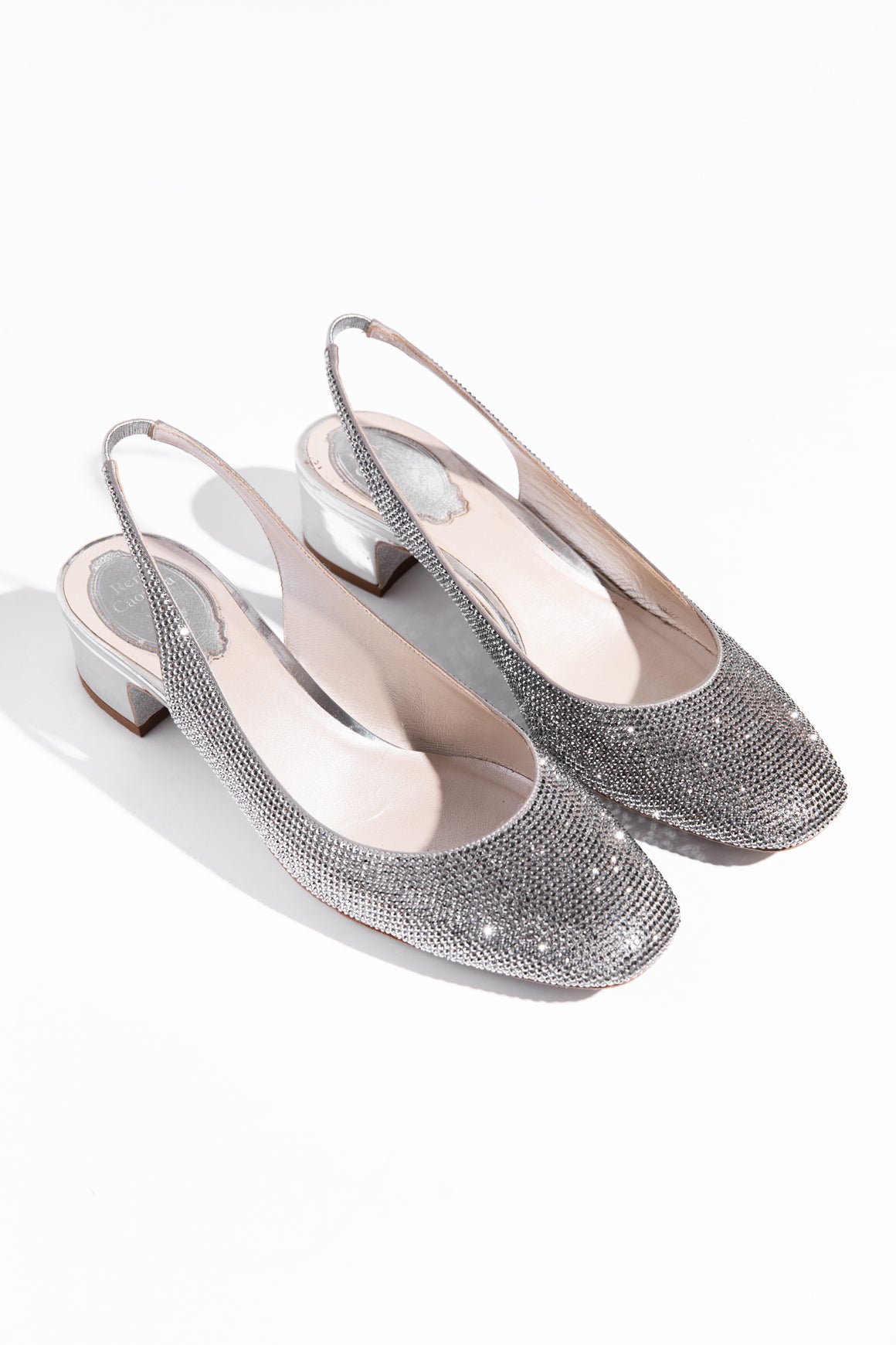 RENE CAOVILLA Silver Crystal Slingback Heels (Sz. 37.5)