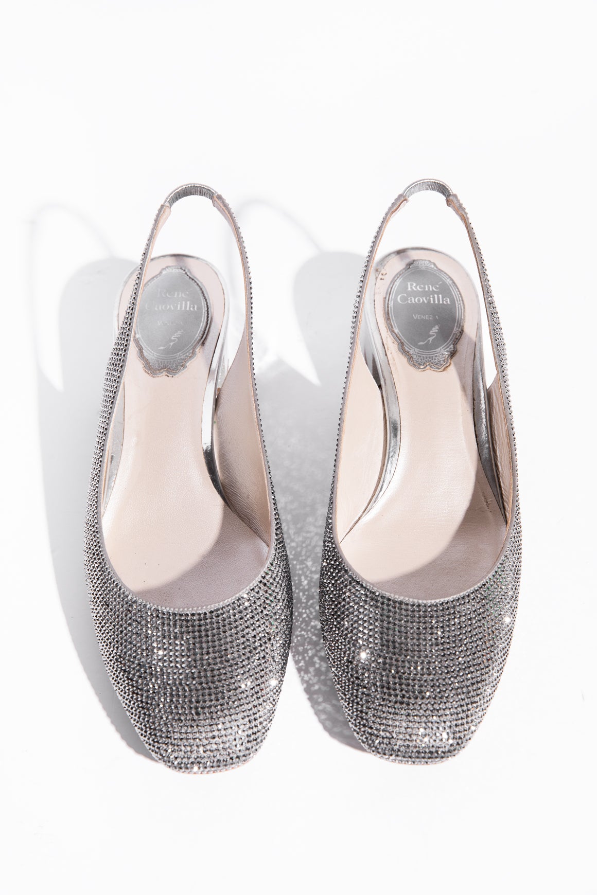 RENE CAOVILLA Silver Crystal Slingback Heels (Sz. 37.5)