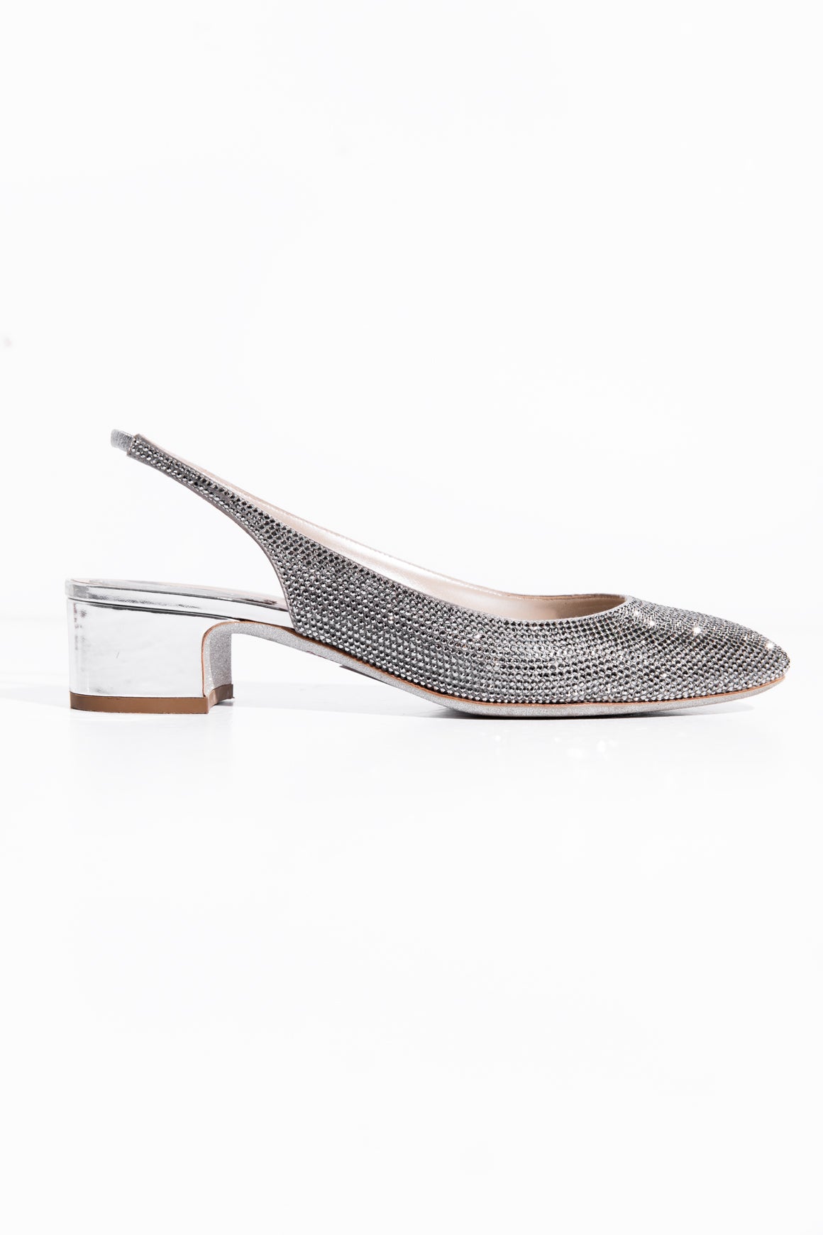 RENE CAOVILLA Silver Crystal Slingback Heels (Sz. 37.5)