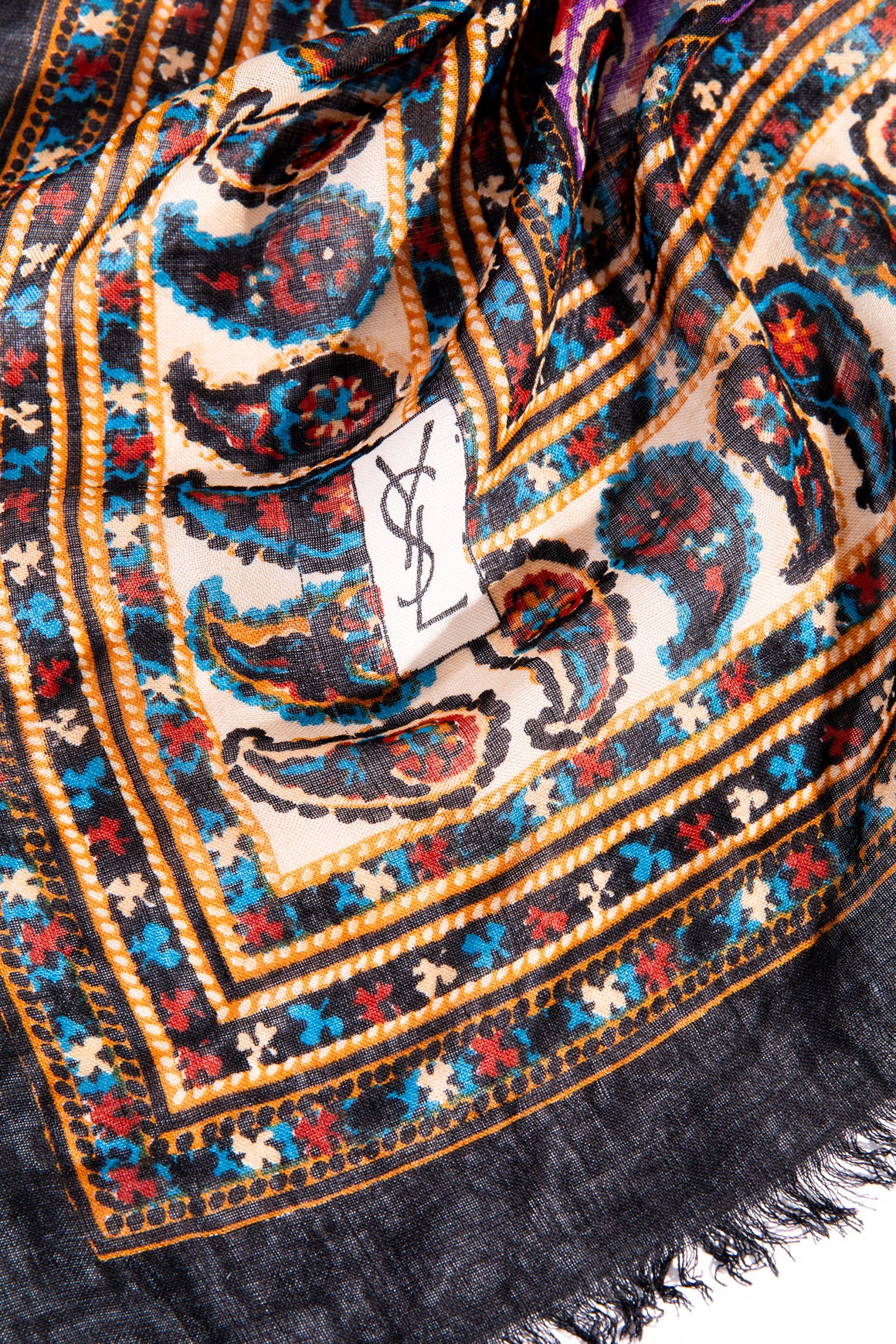 YSL Black & Purple Paisley Cotton Large Scarf