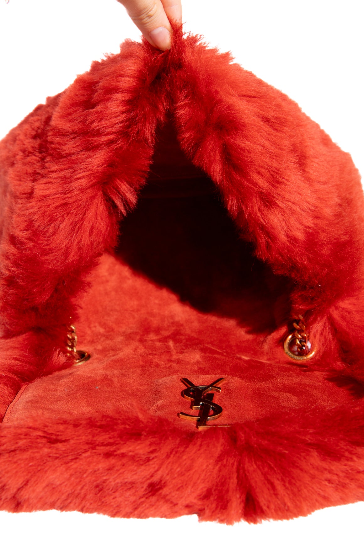 SAINT LAURENT Red Lamb Fur Kate Reversible Chain Bag -Small