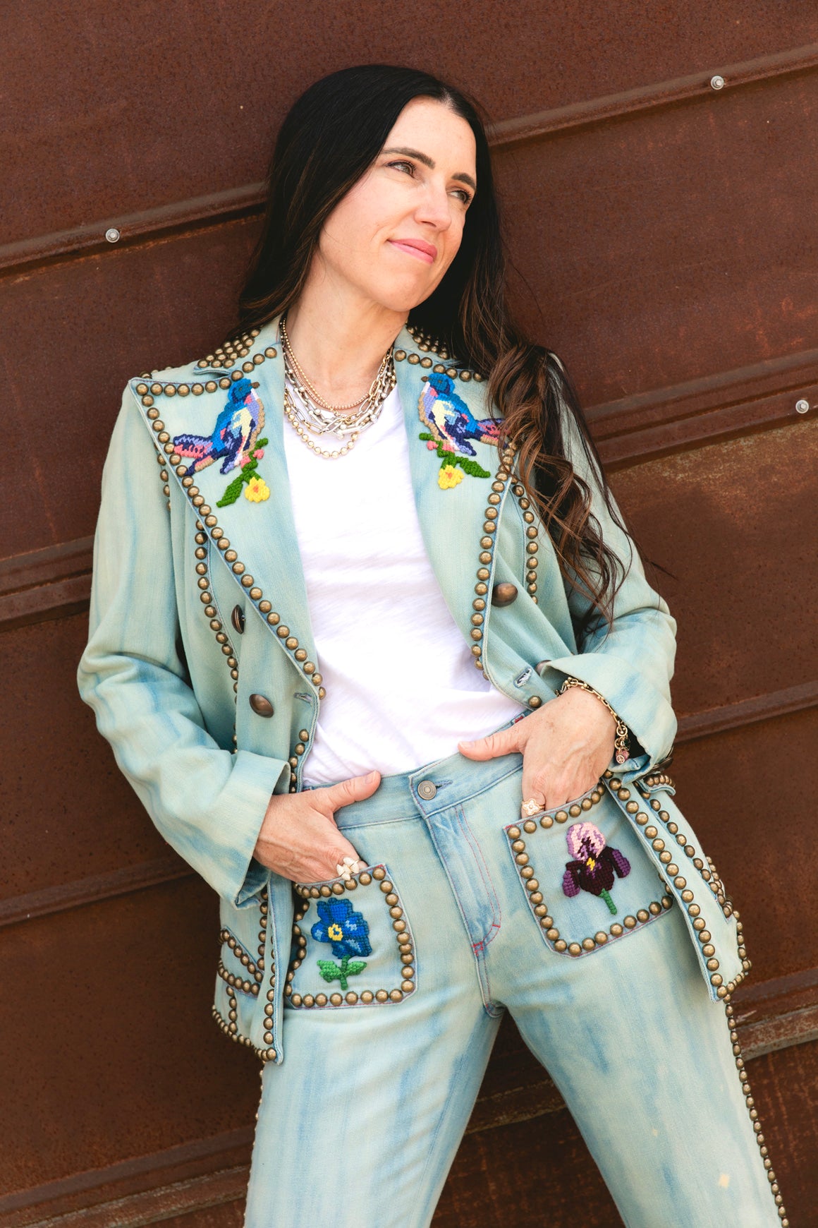GUCCI Denim Studded Embroidery Detailed Suit (Sz.44/8)