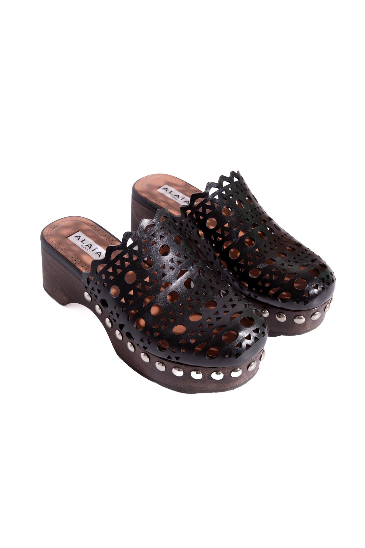 ALAIA Black Laser Cut Leather Clogs (Sz. 35)