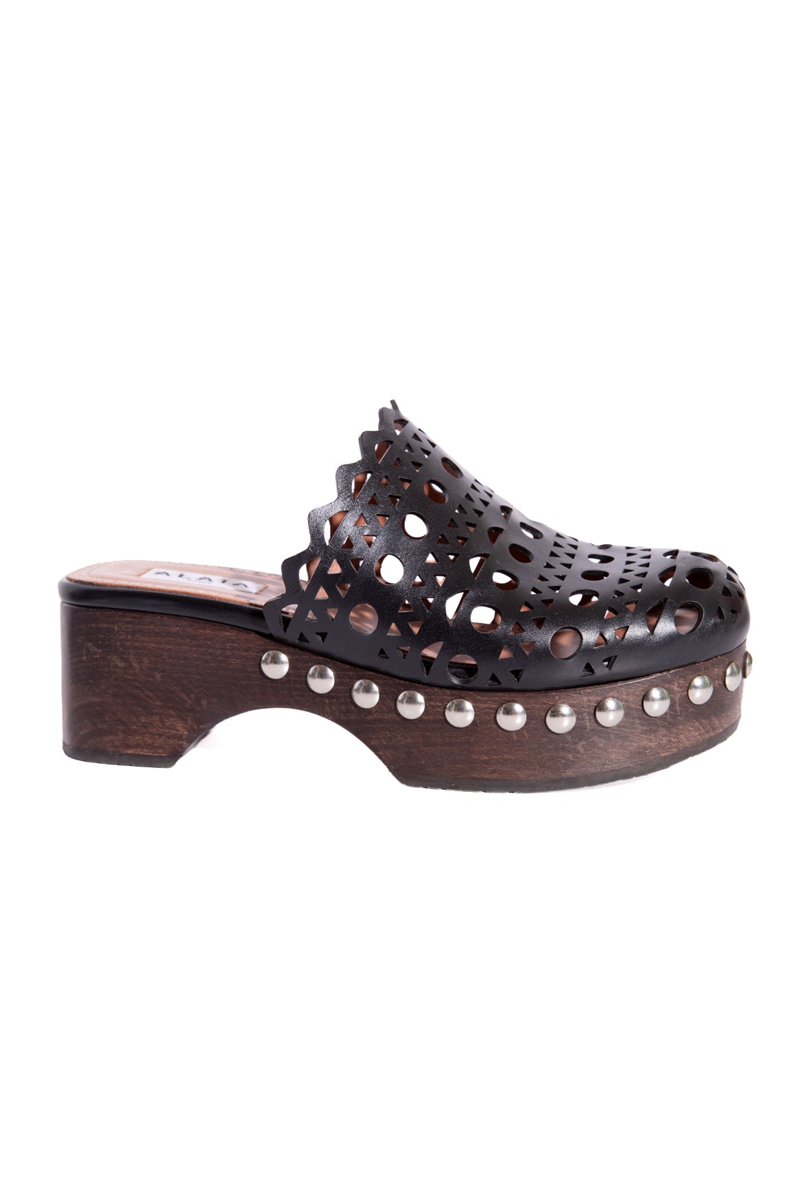 ALAIA Black Laser Cut Leather Clogs (Sz. 35)