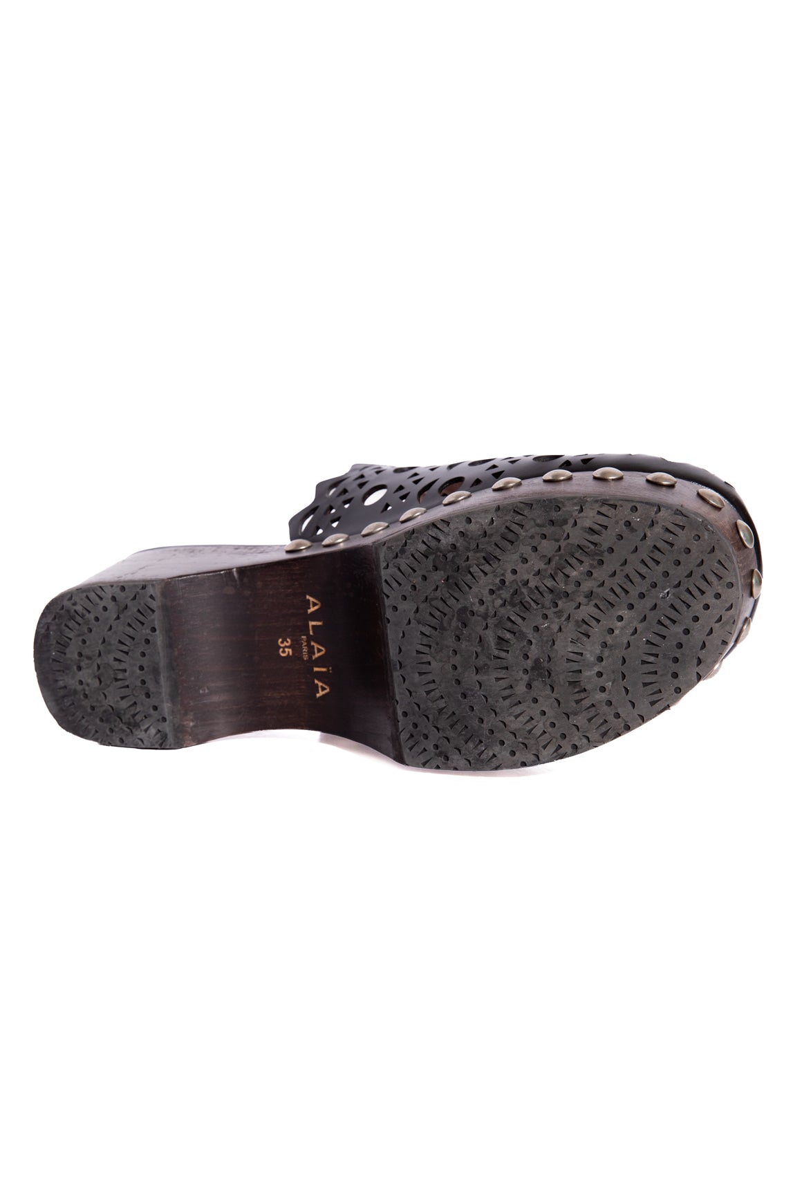 ALAIA Black Laser Cut Leather Clogs (Sz. 35)
