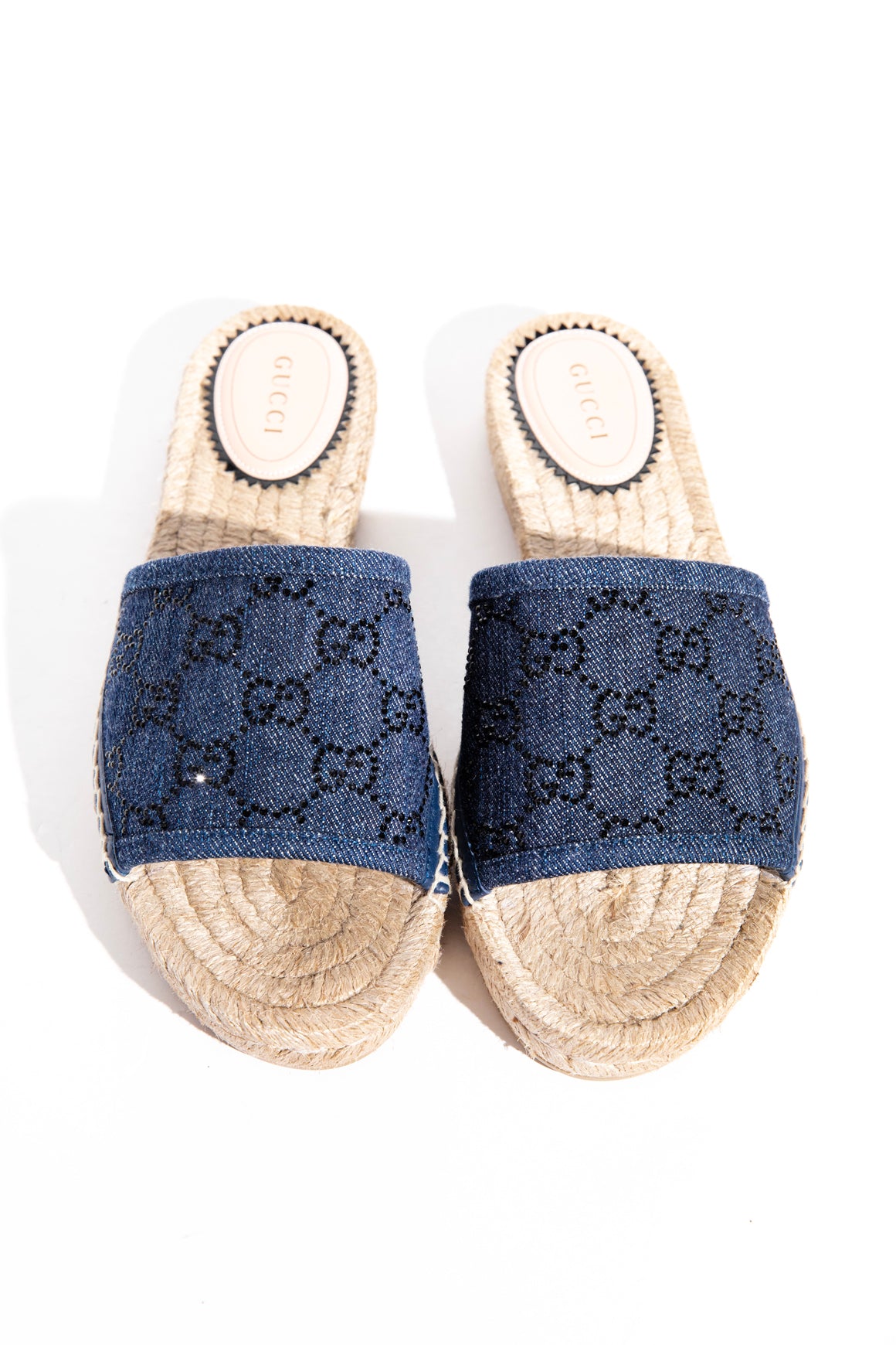 GUCCI Denim Crystal 'GG' Espadrille Sandals (Sz. 37 and 37.5)