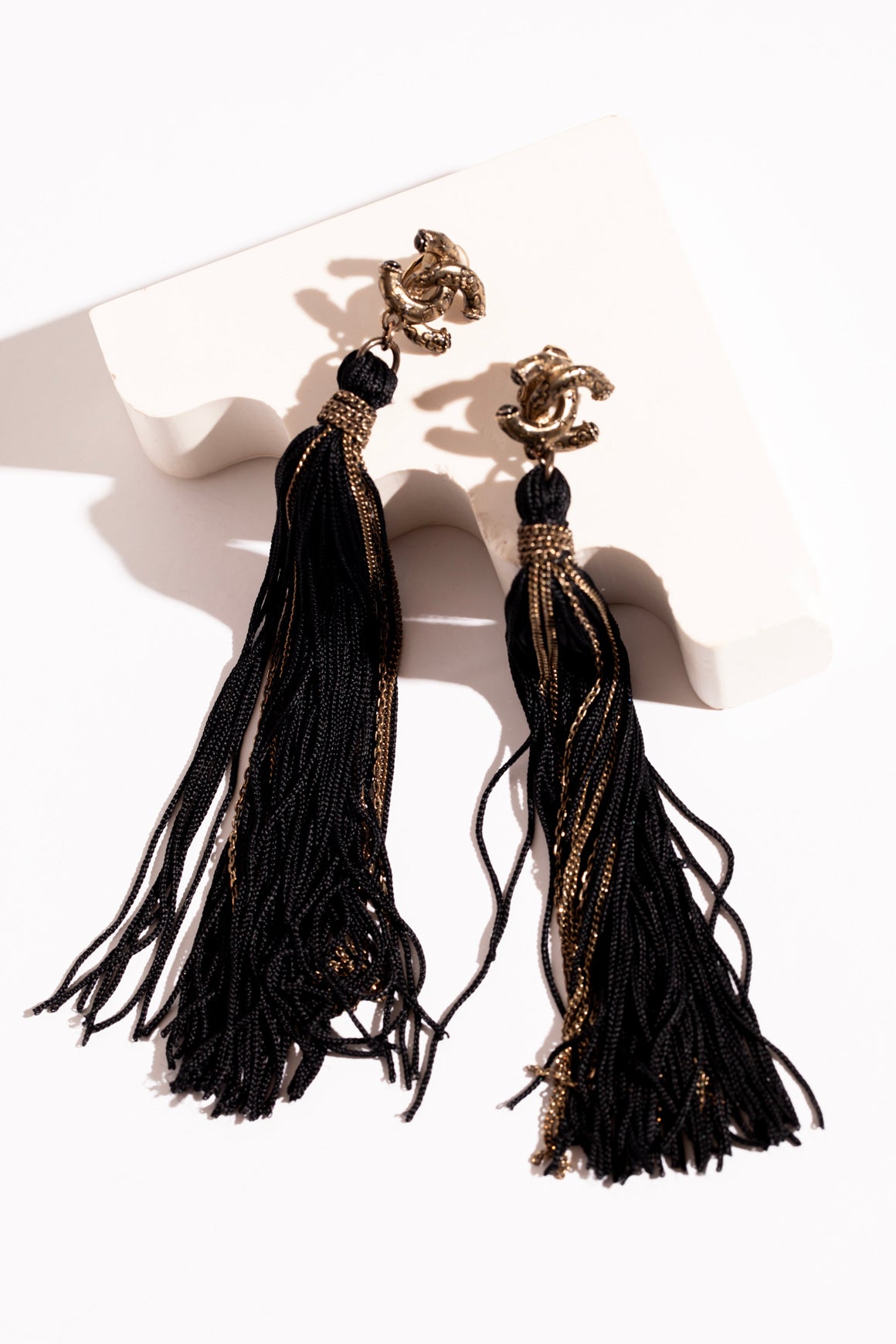 CHANEL Black Fringe Tassel Clip On Earrings