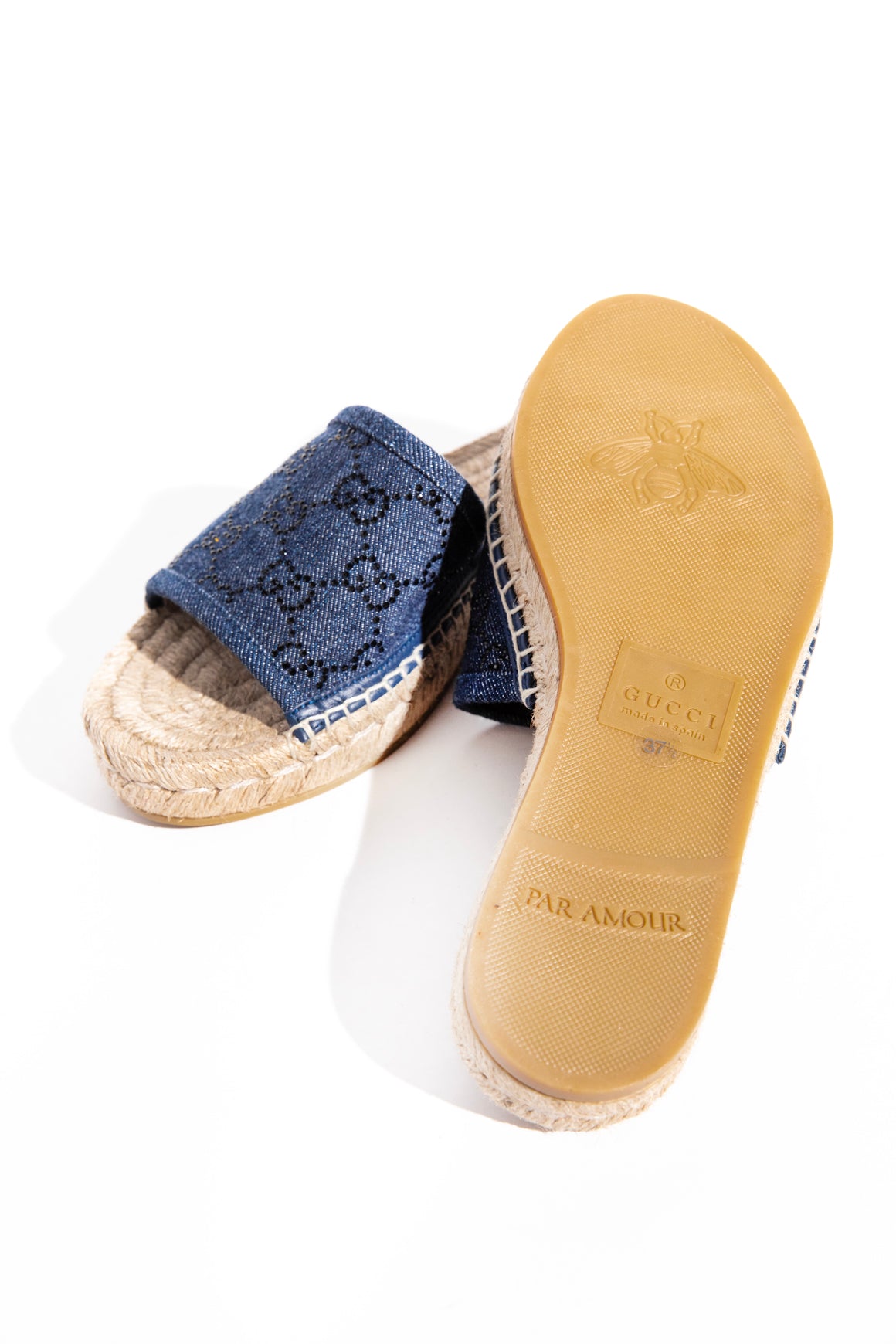 GUCCI Denim Crystal 'GG' Espadrille Sandals (Sz. 37 and 37.5)