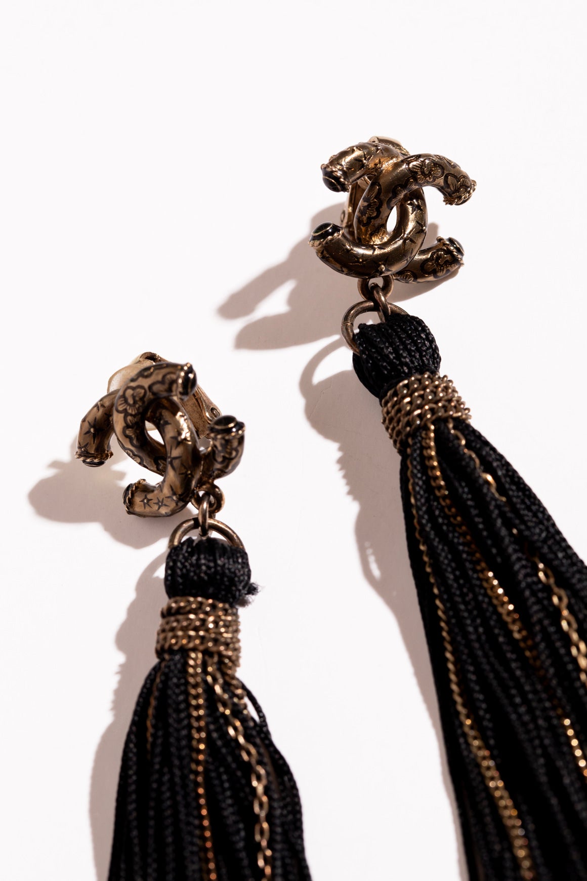 CHANEL Black Fringe Tassel Clip On Earrings
