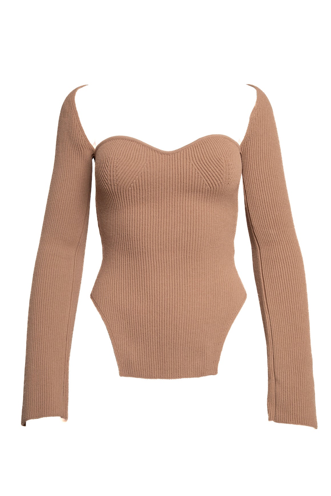 KHAITE Tan Rib Knit Sweetheart Neck LS Top (Sz. M)