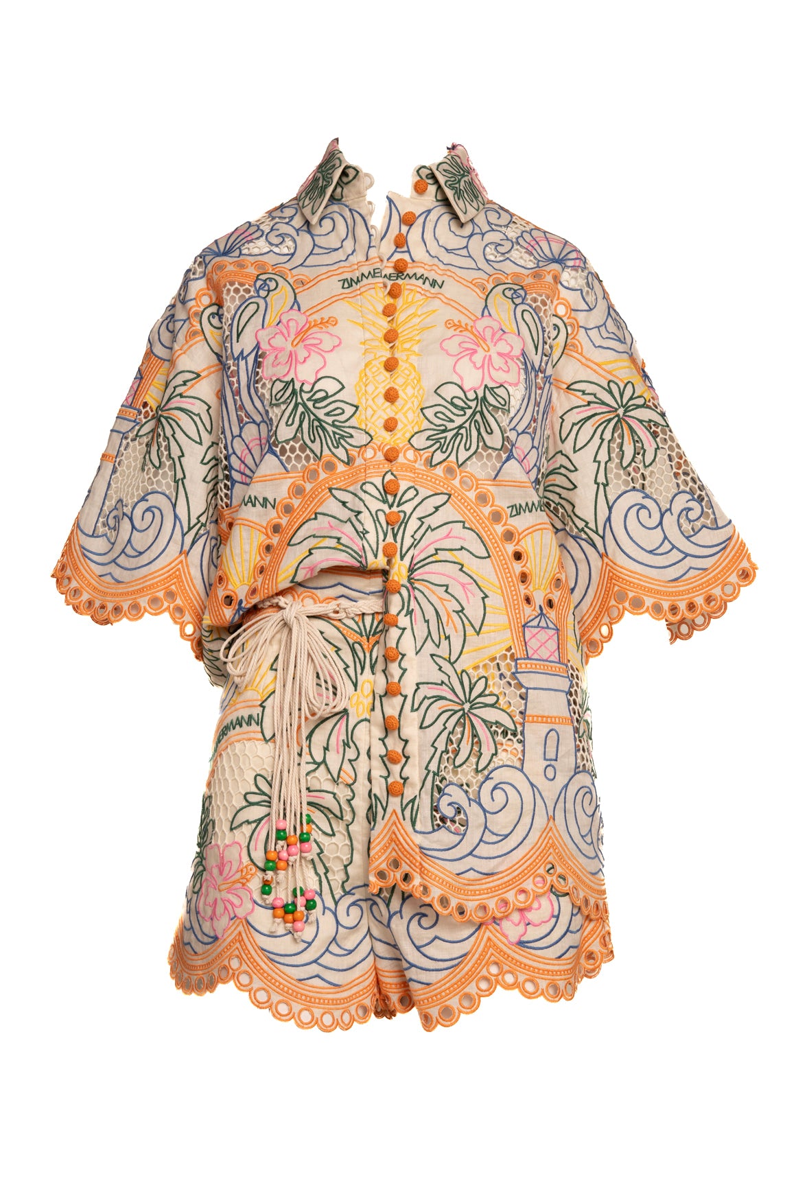 ZIMMERMANN Rainbow Tropical Embroidered Blouse & Shorts Set (Sz. 1/S)