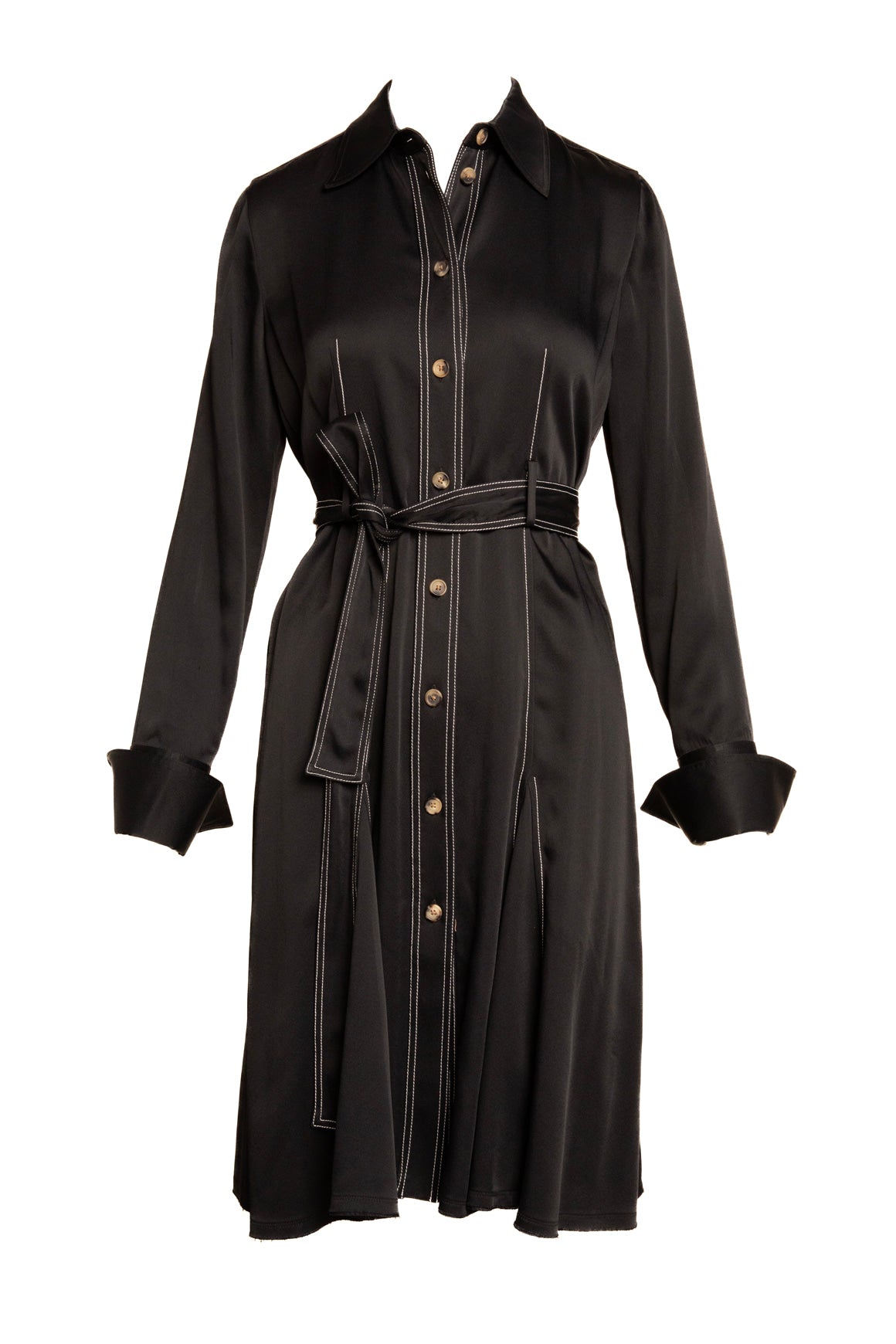 KHAITE Black Satin Contrast Stitch Belted Mini Dress (Sz. 6)