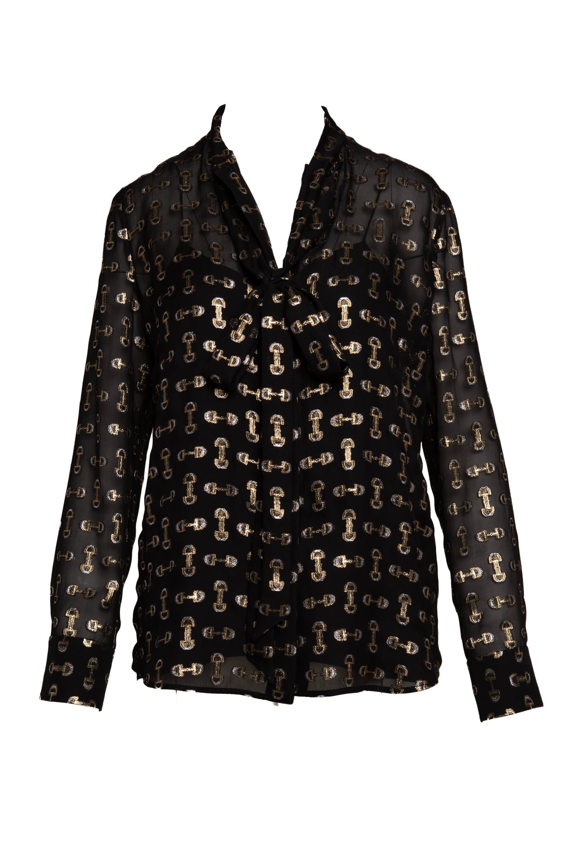GUCCI Metallic Horse-Bit Tie Neck Silk Top (Sz. 42/6)