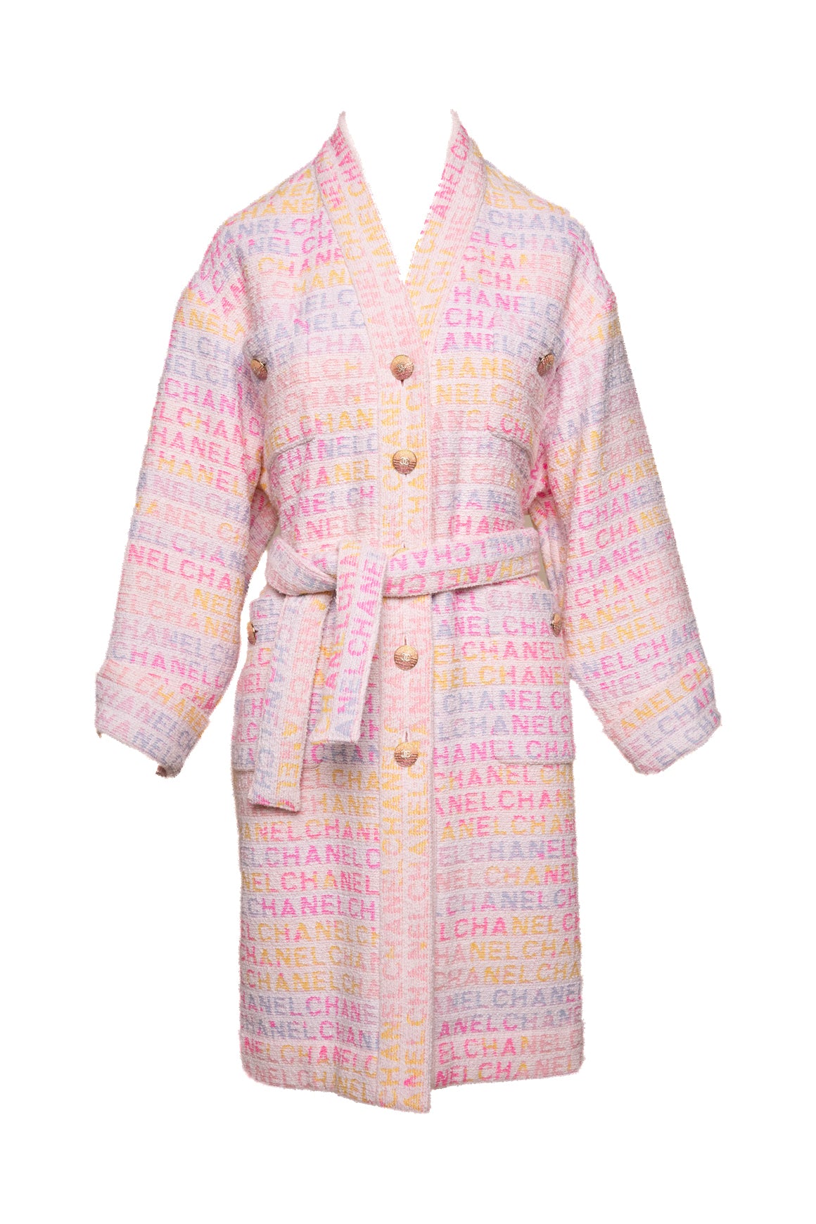 CHANEL Pink Pastel Logo Tweed Longline Jacket (Sz. 34/XS)
