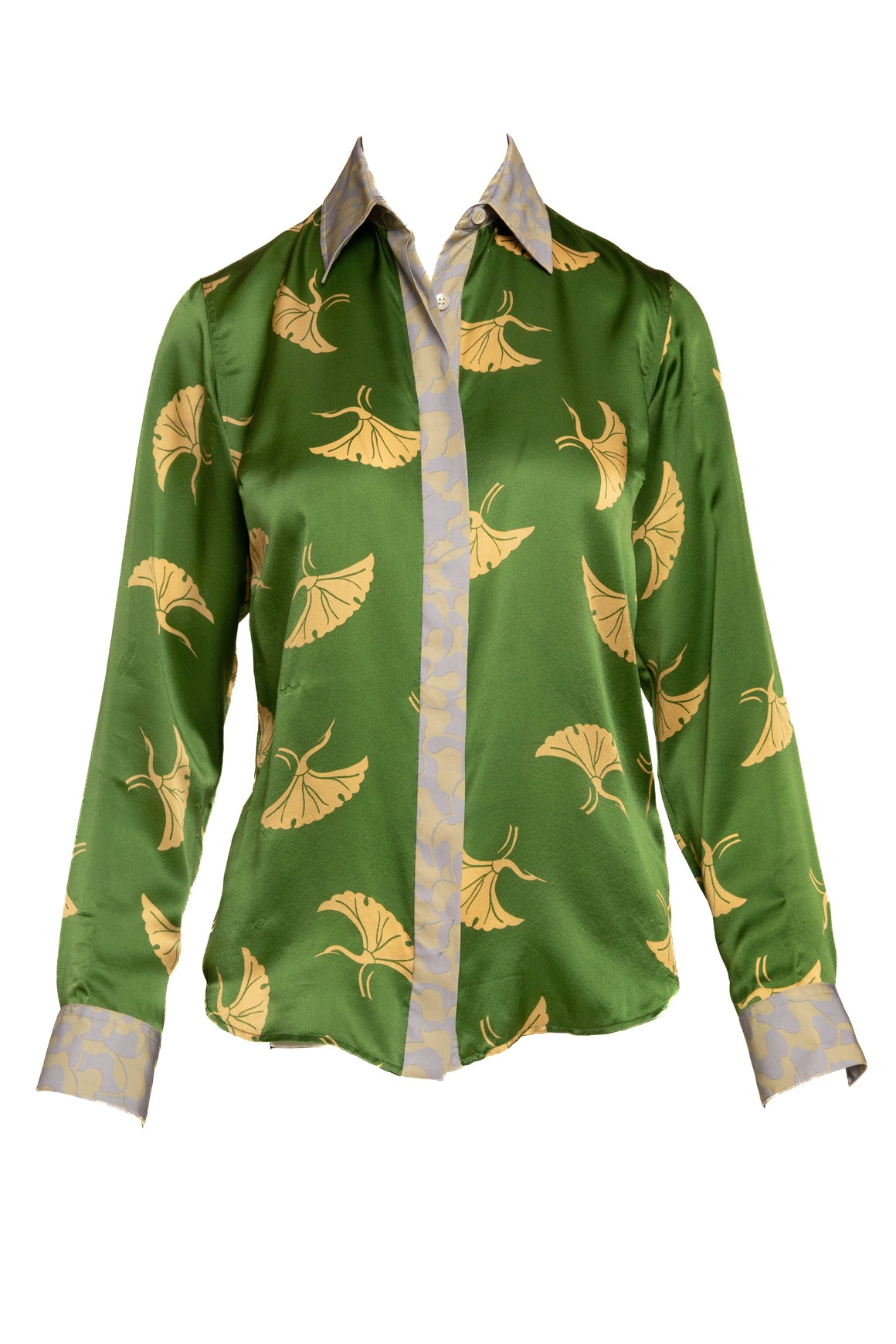 DRIES VAN NOTEN Green Fan Print Silk Blouse (Sz. 34/XS)