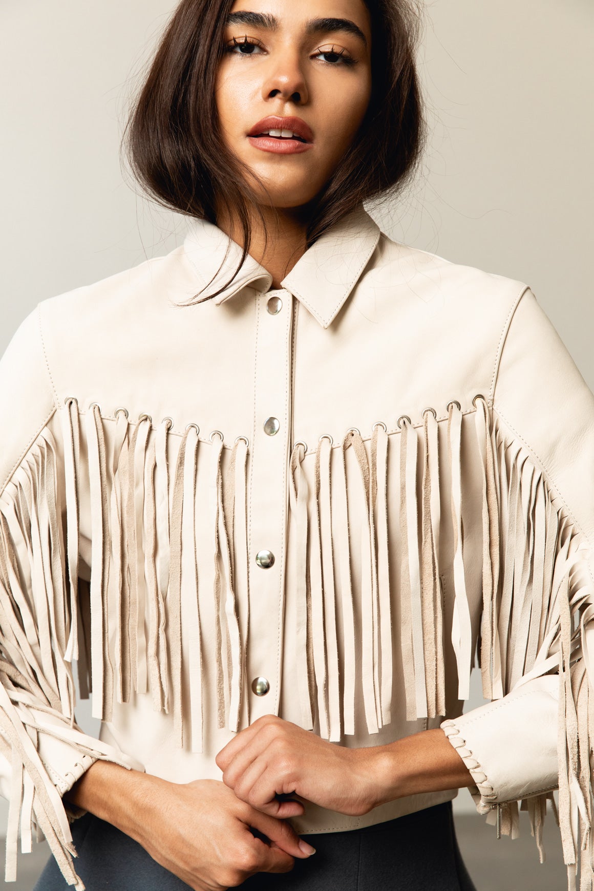 UNDERSTATED LEATHER Cream Fringe Jacket (Sz. XS)