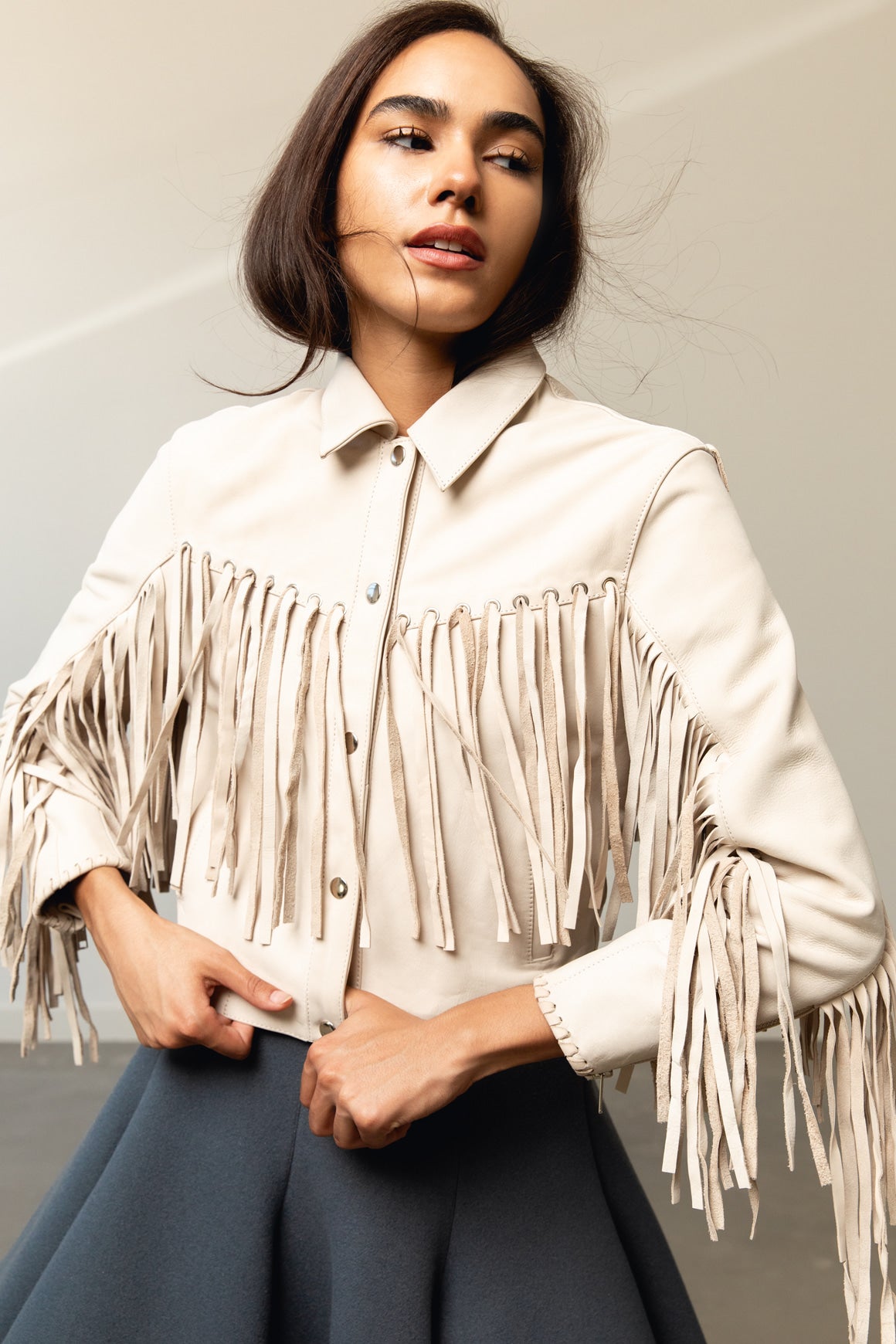 UNDERSTATED LEATHER Cream Fringe Jacket (Sz. XS)
