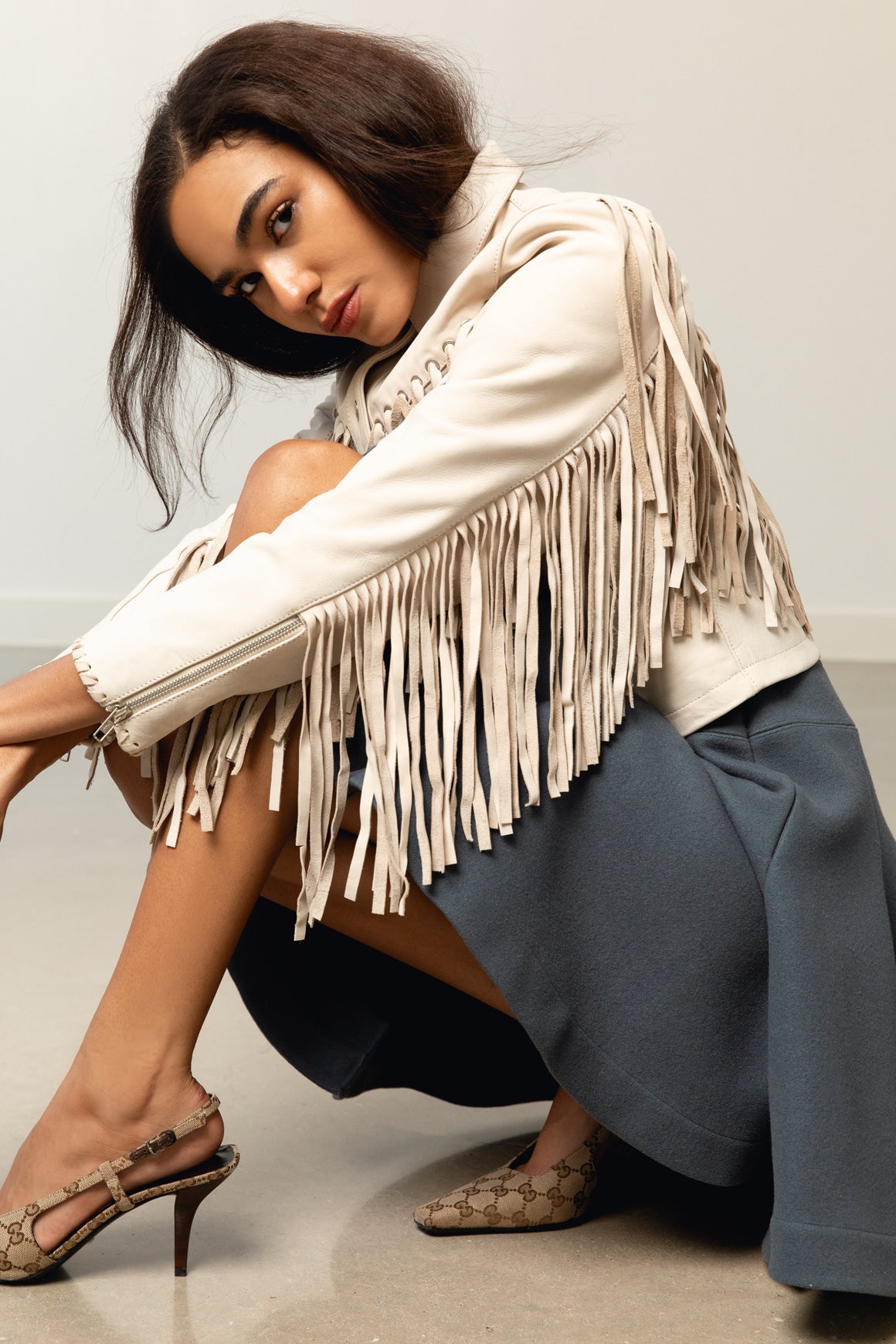UNDERSTATED LEATHER Cream Fringe Jacket (Sz. XS)