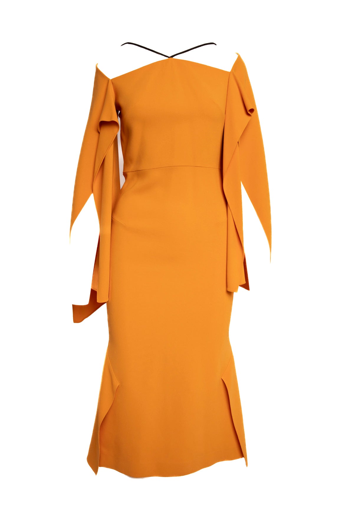 ROLAND MOURET Mustard Flare Cape Sleeve Dress (Sz. 6)