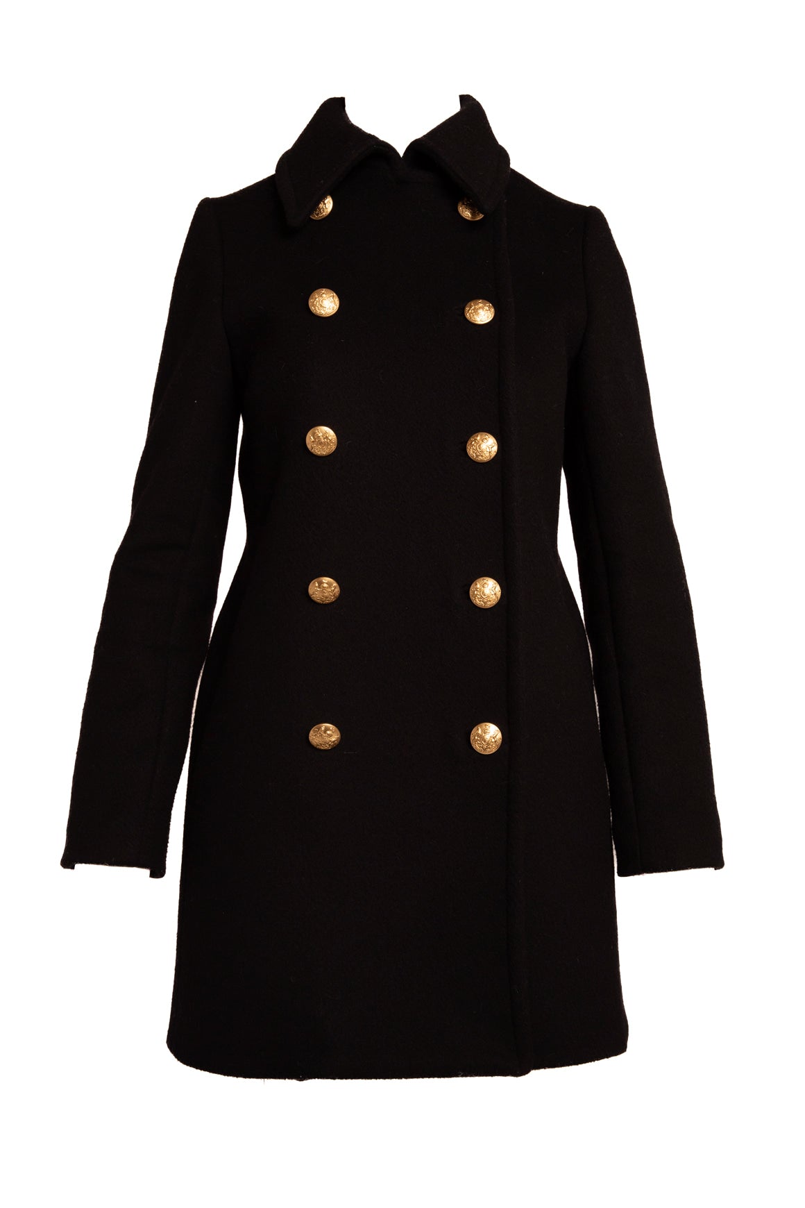 NILI LOTAN Black Wool Gold Double Breasted Longline Coat (Sz.S)