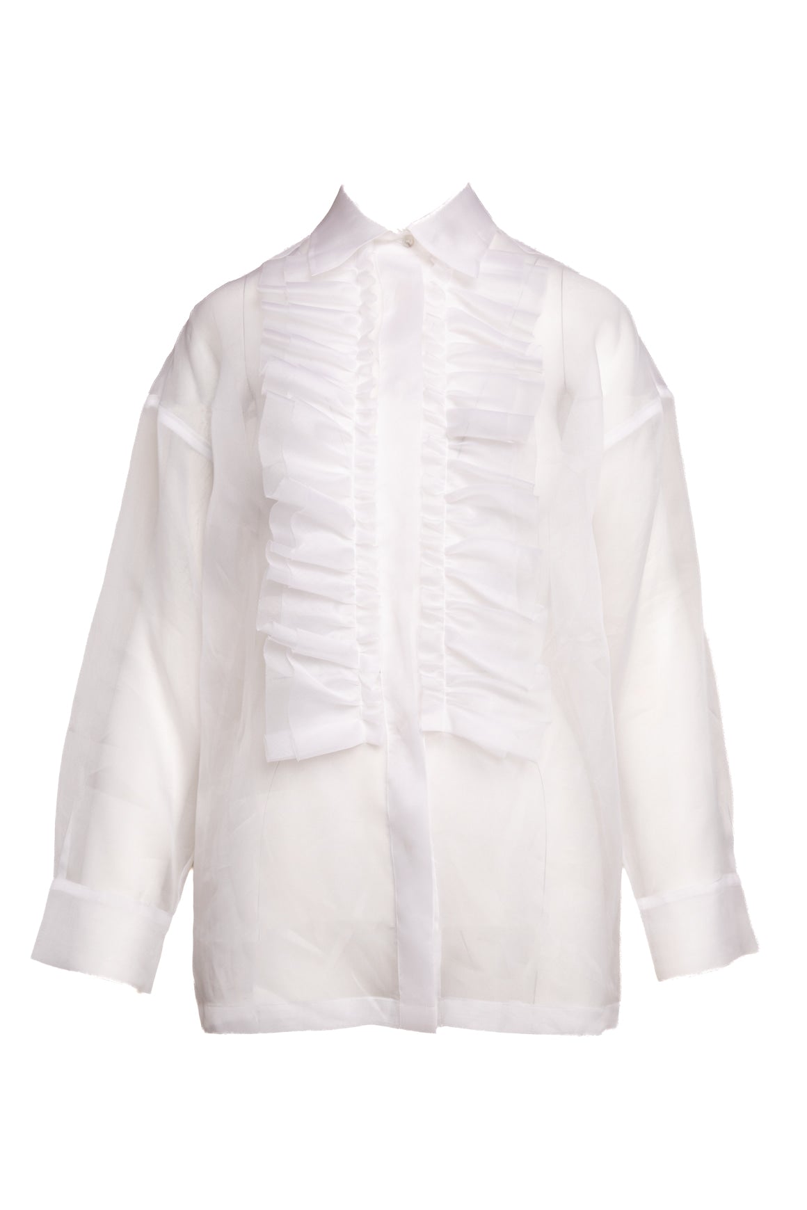 P.A.R.O.S.H. Wte Sheer Ruffle Tuxedo Blouse (Sz. XS)
