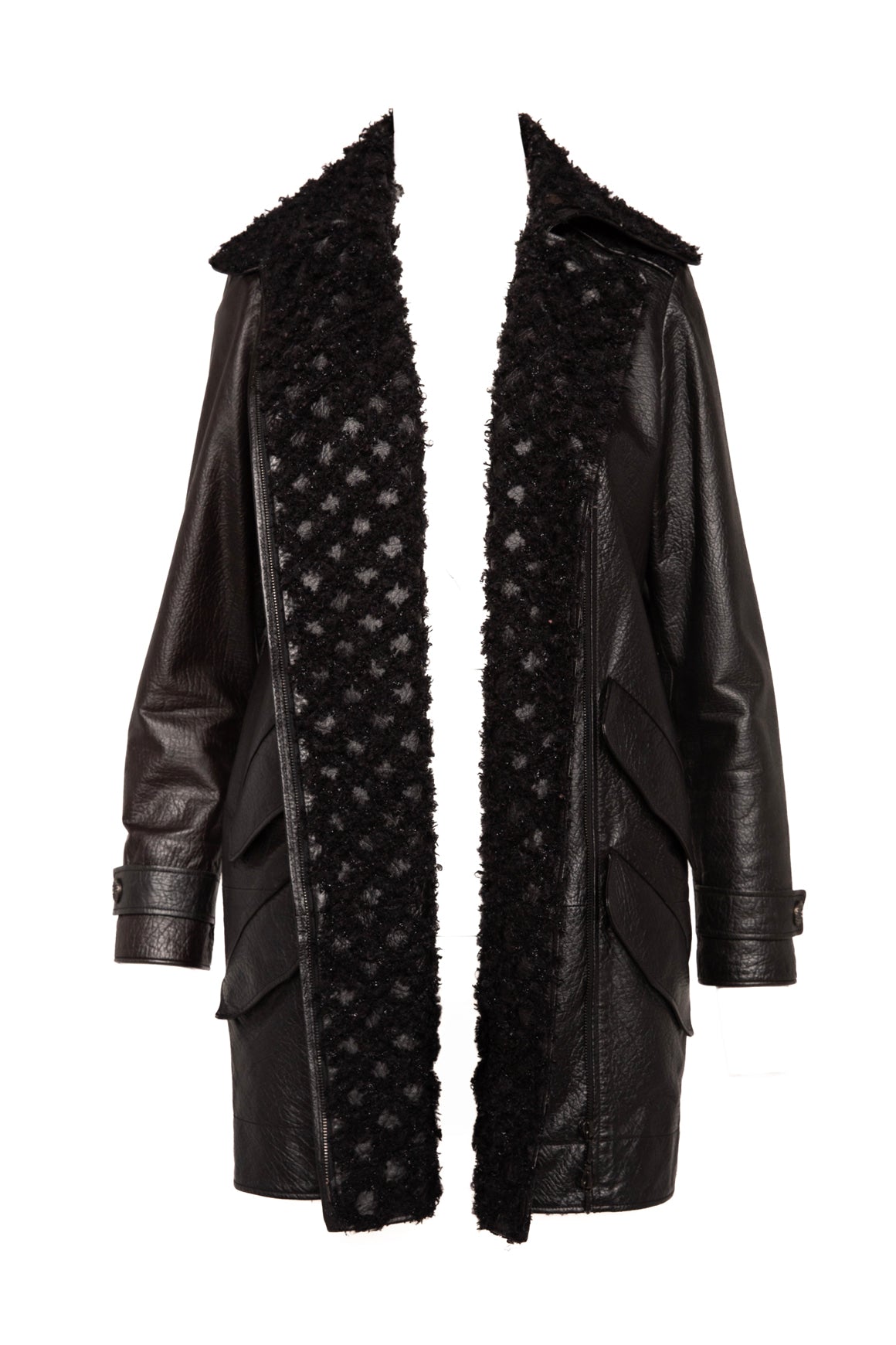 CHANEL Black Leather Tweed Collar Longline Coat (Sz. 0)