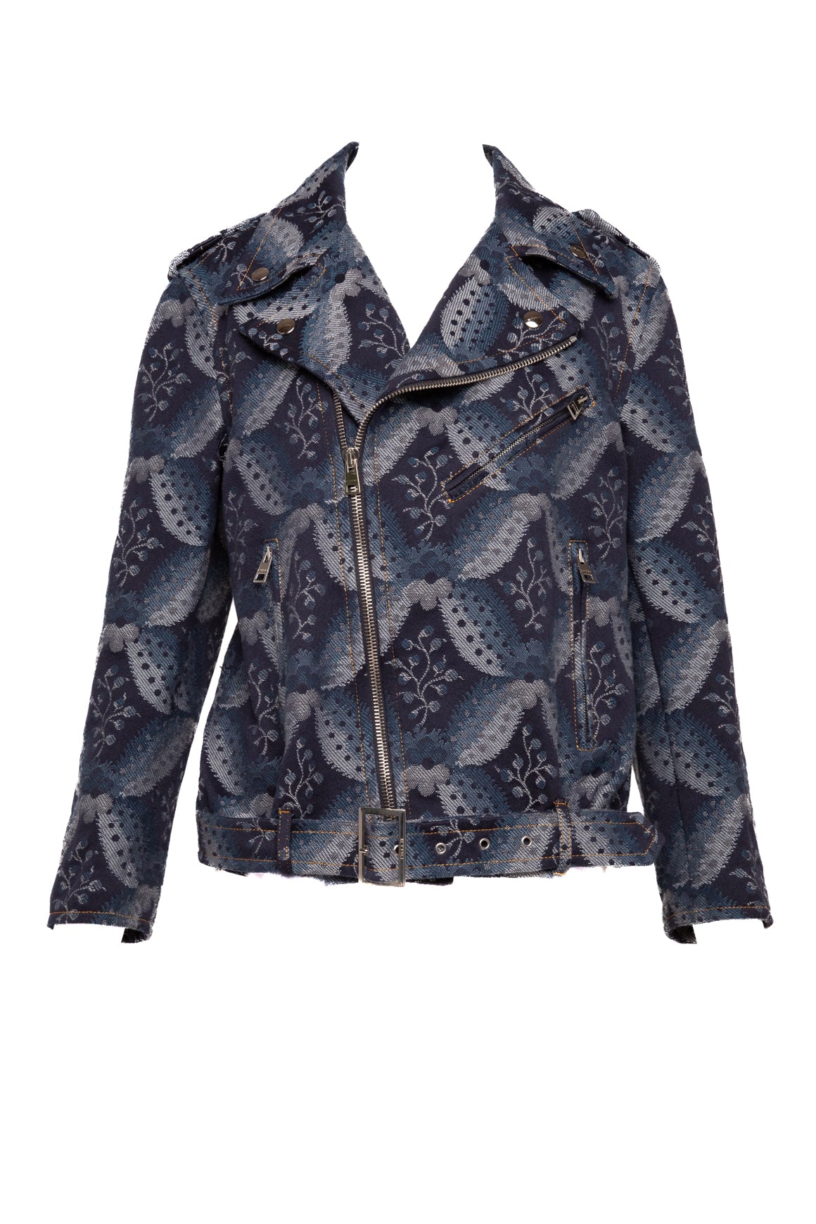 ETRO Indigo Paisley Denim Moto Jacket with Belt (Sz. 6)