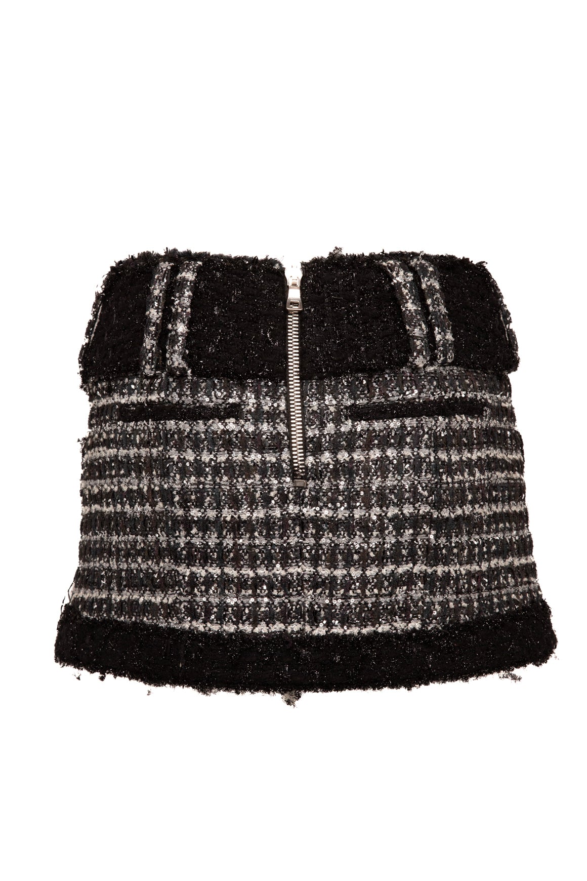 BALMAIN Black/Silver Tweed Belted Mini Skirt (Sz. S)