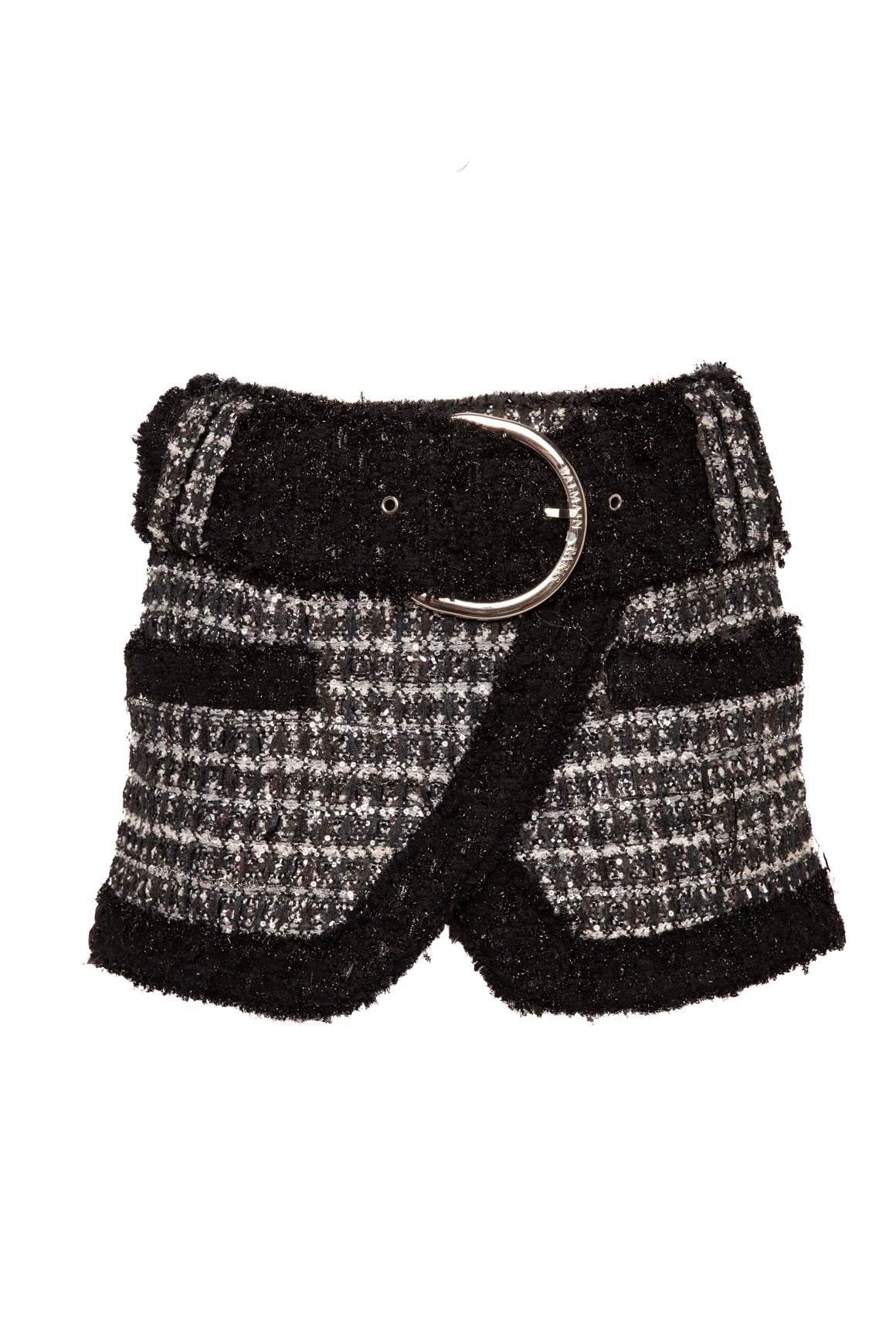 BALMAIN Black/Silver Tweed Belted Mini Skirt (Sz. S)