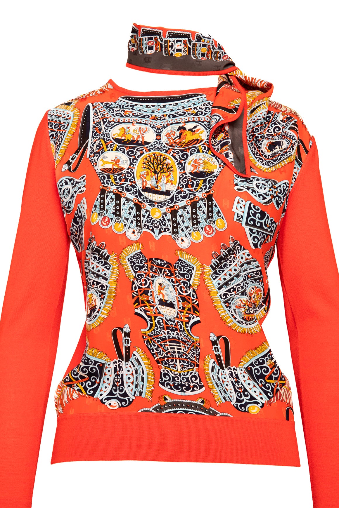 HERMES Red Silk Scarf Sweater With Neck Sash (Sz. S)