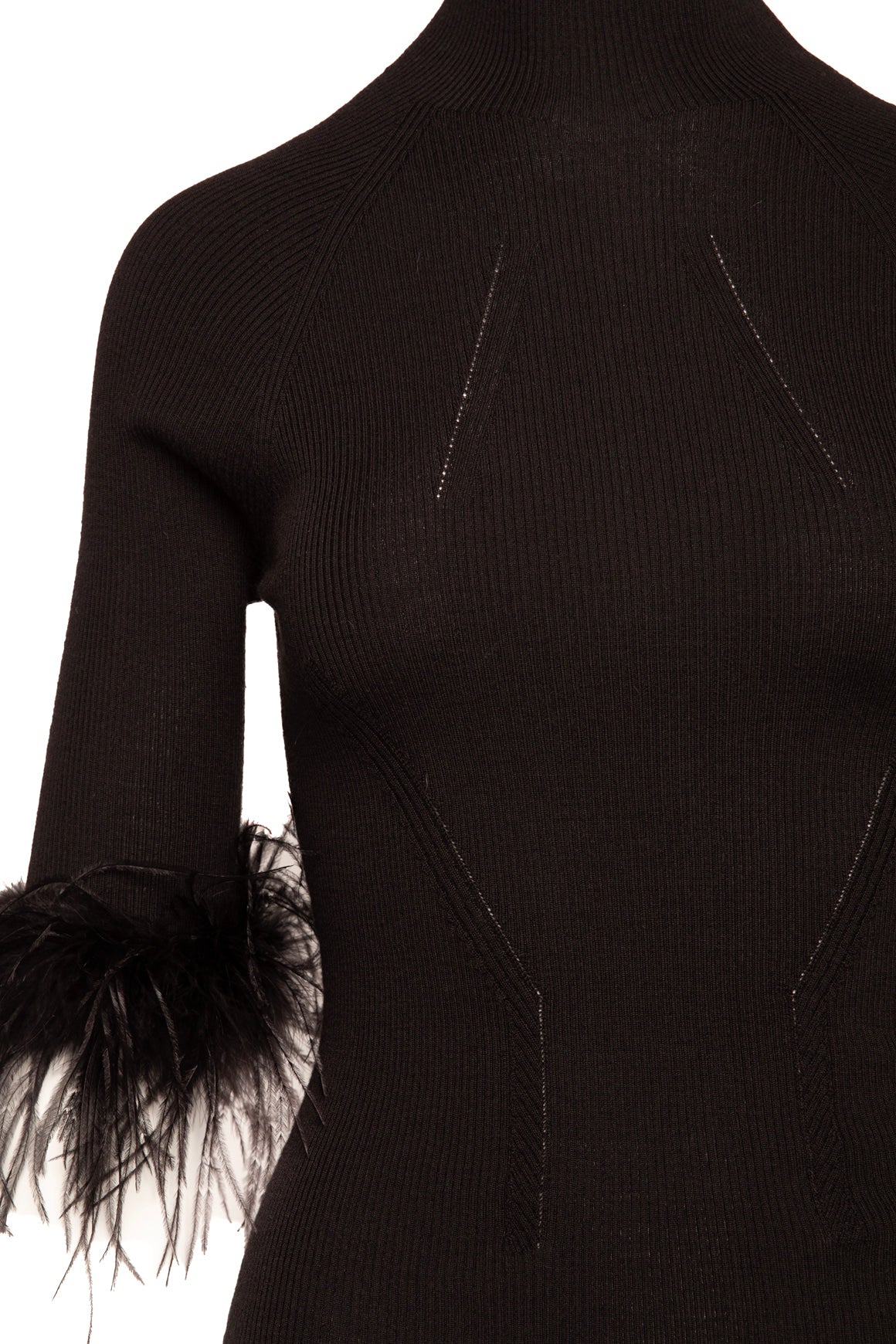 LANVIN Black Knit Mock Neck Mid Sleeve Feather Trim Top (Sz. XS)