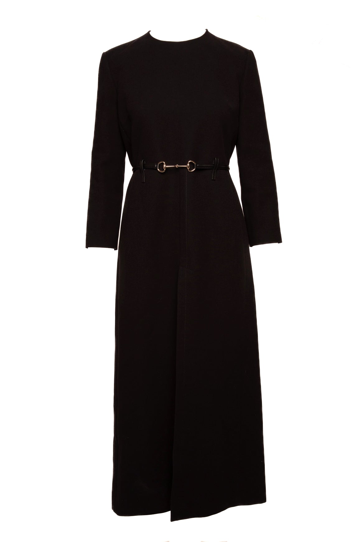 GUCCI Black Wool Horse-Bit Belted Maxi Dress (Sz.44/8)
